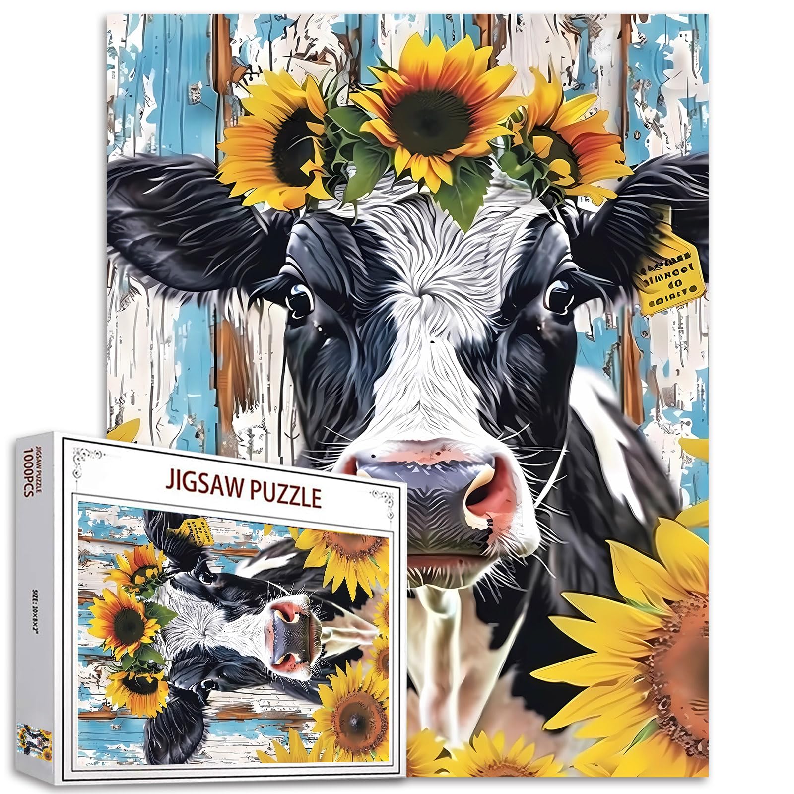 1000 Piece Jigsaw Puzzles for Adults - Retro Animal Puzzles with Cow and Sunflower Crown Painting, DIY Wall Decor, Gifts(Colorful) — image 1