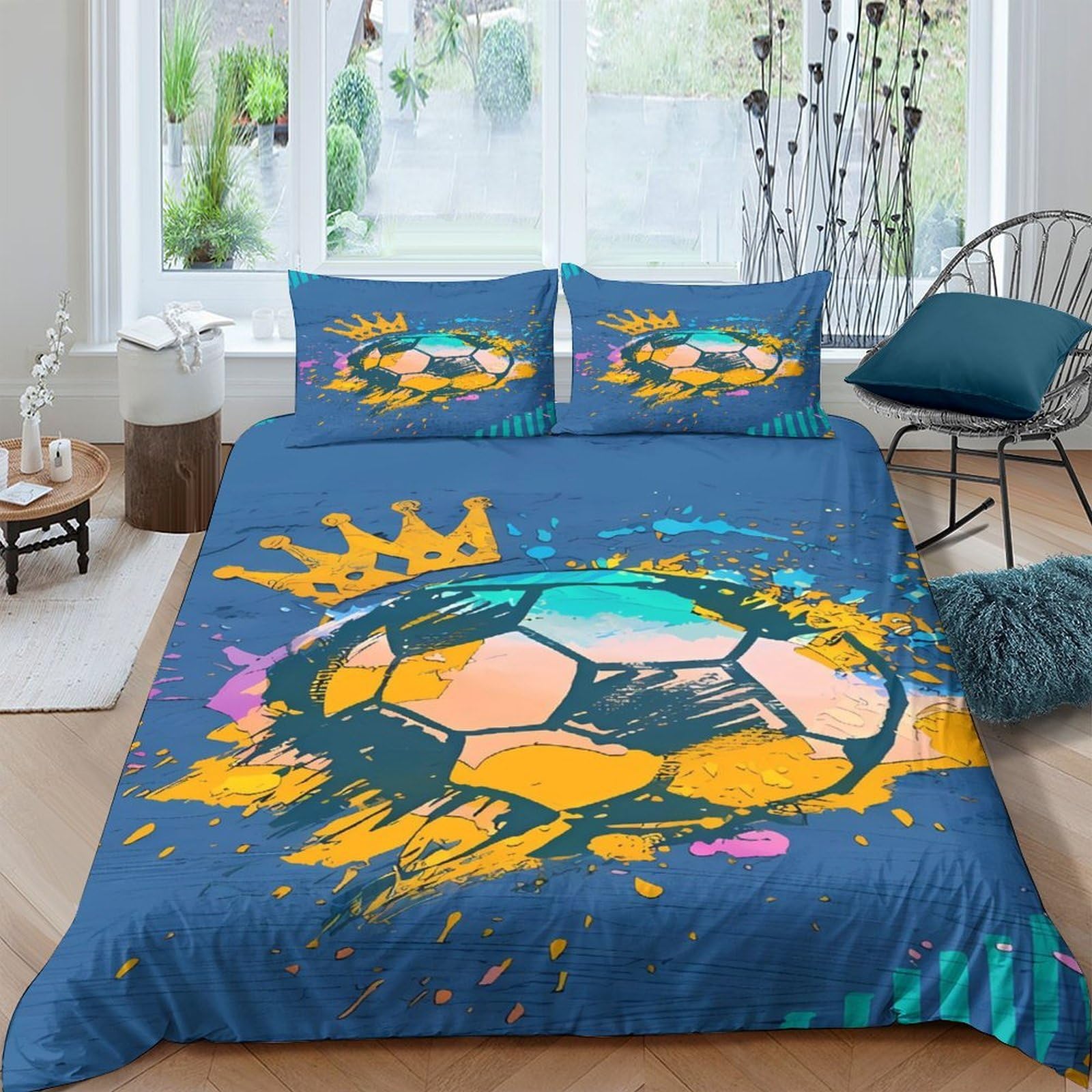 Ctjqhvkz Style-1 3D Printed Graffiti Soccer Fitted Sheet Microfiber Blue Splash Football Bed Cover For Bedroom Dorm Mattress Decor Single（135X200cm）