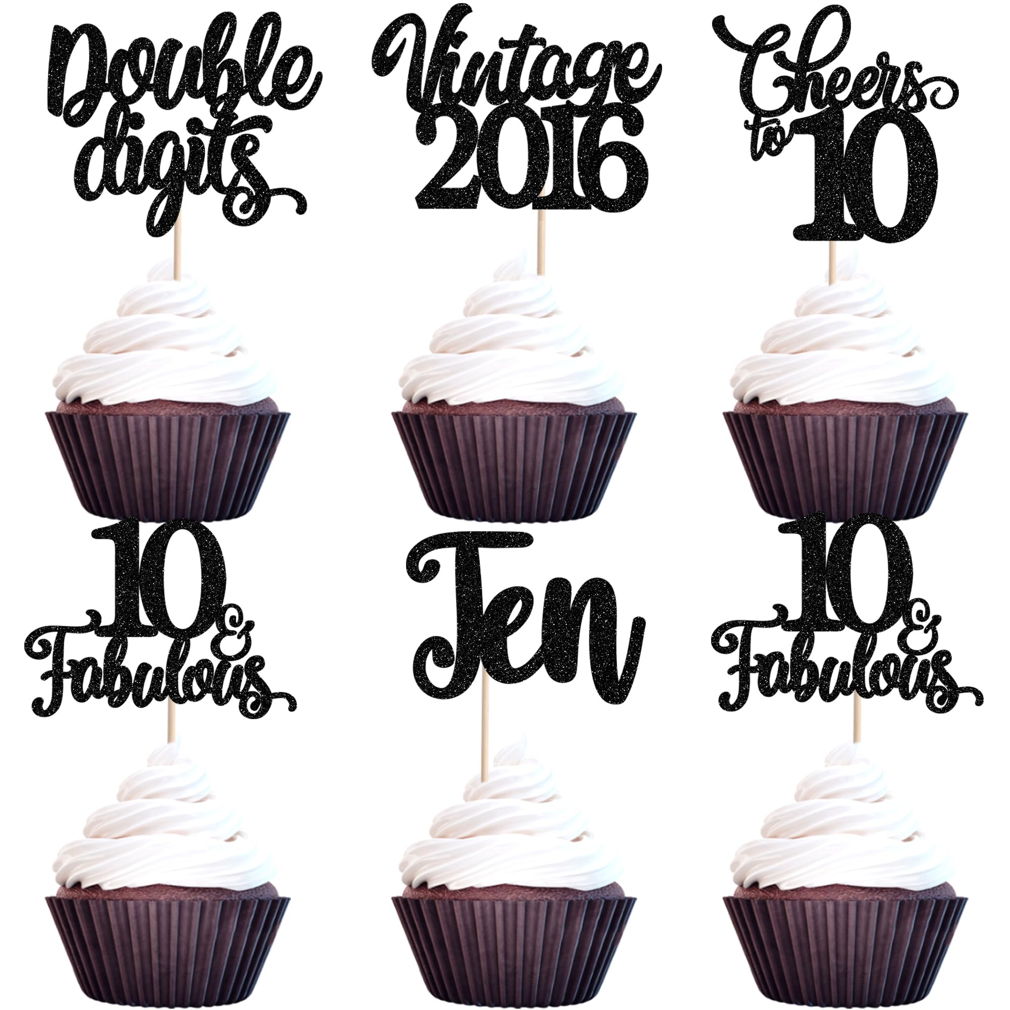 30 Pack Happy 10th Birthday Cupcake Toppers Cheers to 10 Double Digits Cupcake Picks Ten Vintage 2016 Party Decorations for 10th Birthday Anniversary Party Cake Black โ image 1