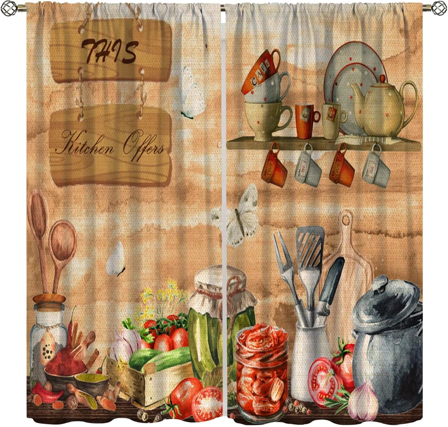 Farmhouse Kitchen Curtains Rod Pocket Rustic Retro Wooden Plank Fruit Vegetables Food Utensils Art Printed Country Window Drapes for Bedroom Living Room 42" W X 45" L