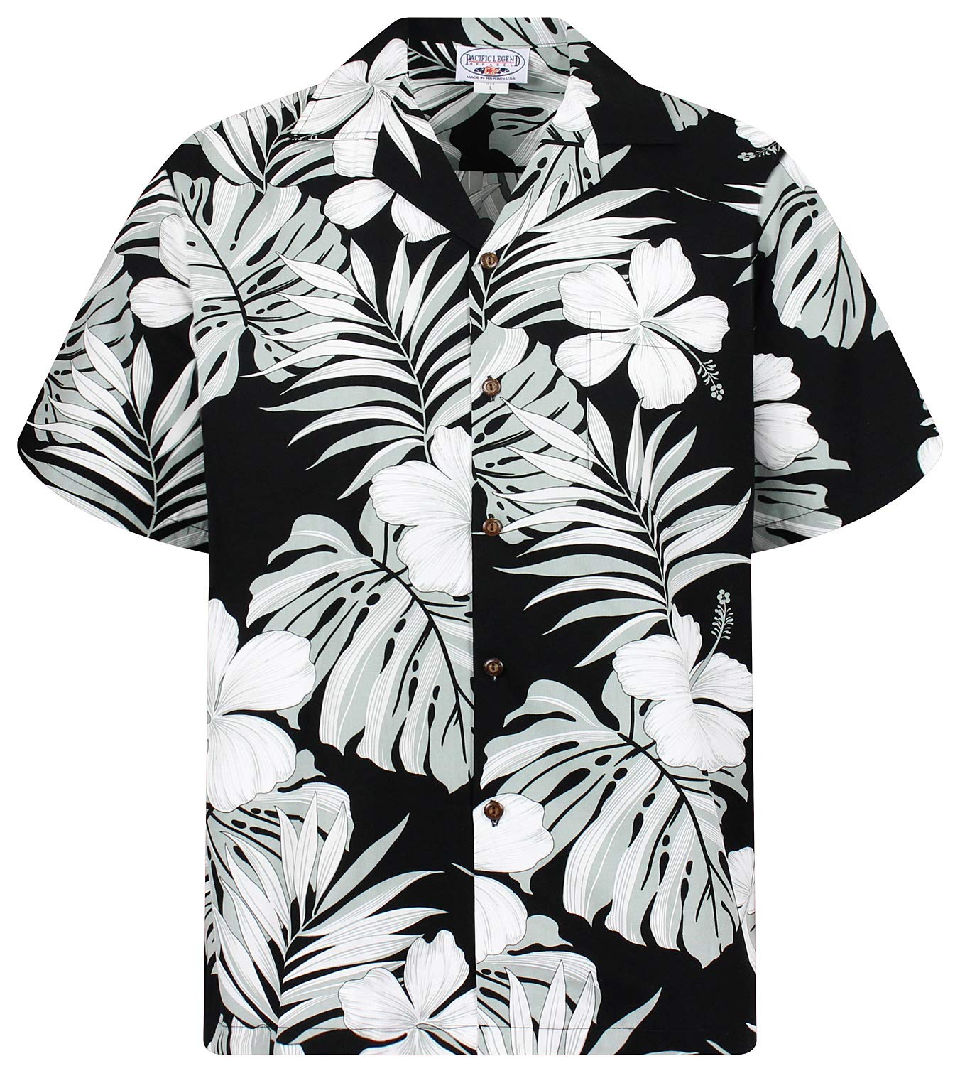 P.L.A. Original Camicia Hawaiana, Black White Grey Flower, nero L