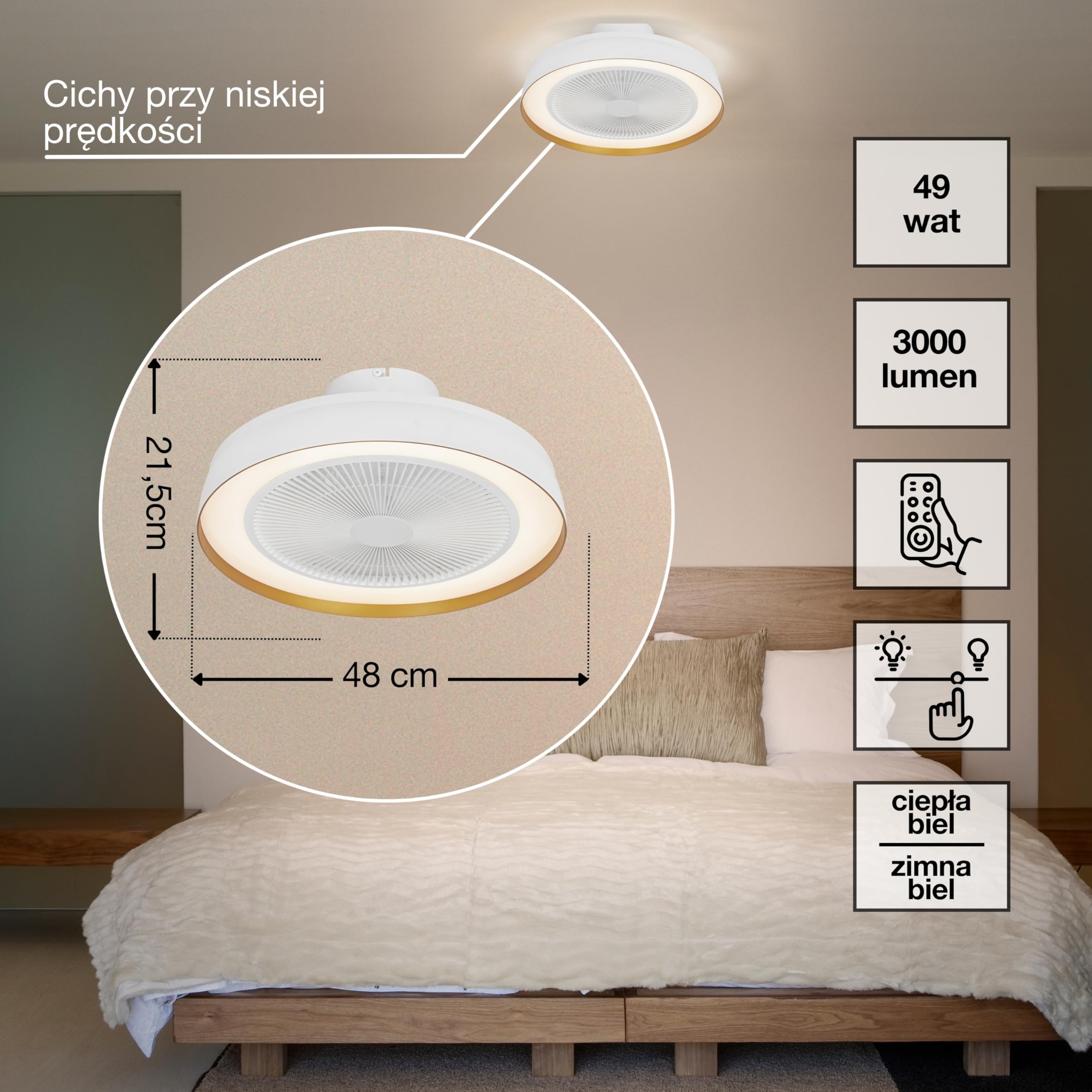 Wentylator sufitowy OSRAM 480 mm, 49 W LED ściemnialny, silnik DC 6 prędkości, zdalny timer, 1900 m³/h, 13-20 m²