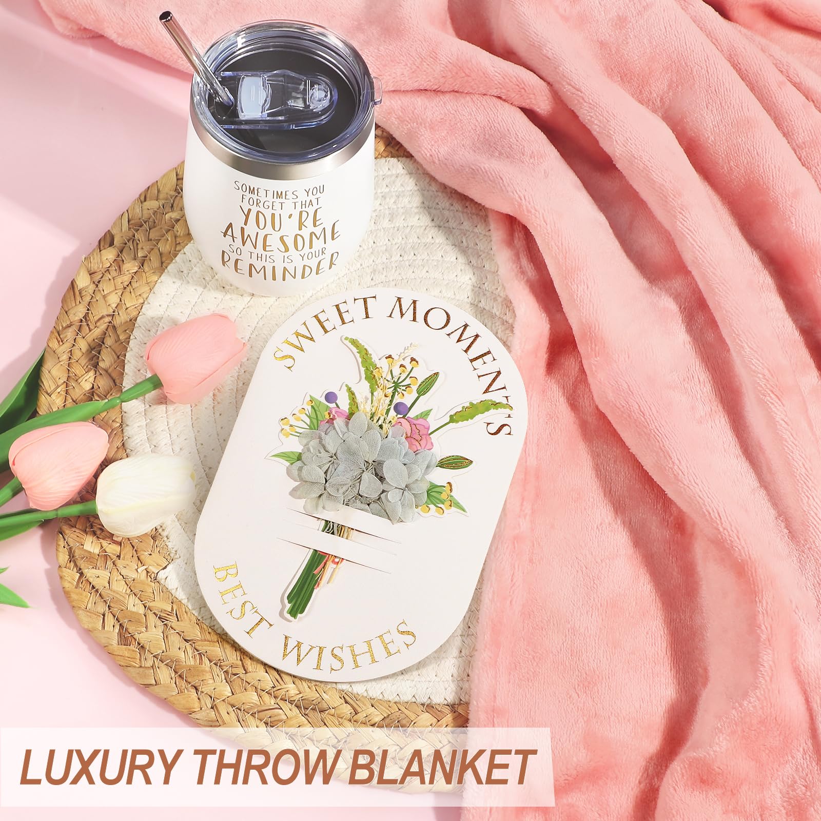 KUKUPAK Self Care Gift Basket For Women - Luxury Flannel Blanket, Tumbler, Spa Set, Rose Gift Box