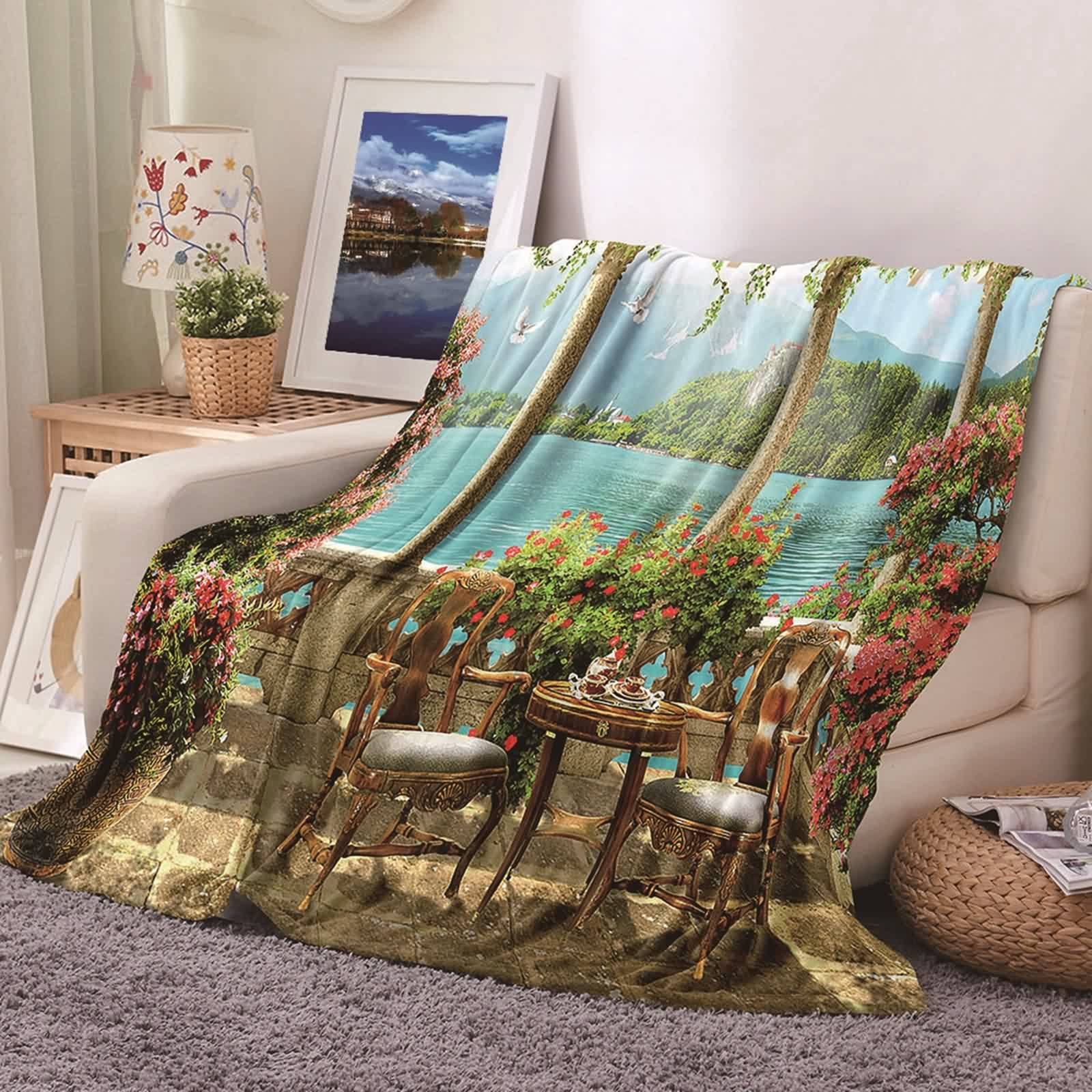 Manta Sofa Otoño, Manta 160x200 Franela Verde Rojo Hermoso Jardín con Vista Al Lago Blanket Couch Cama Suave Calentita Regalo
