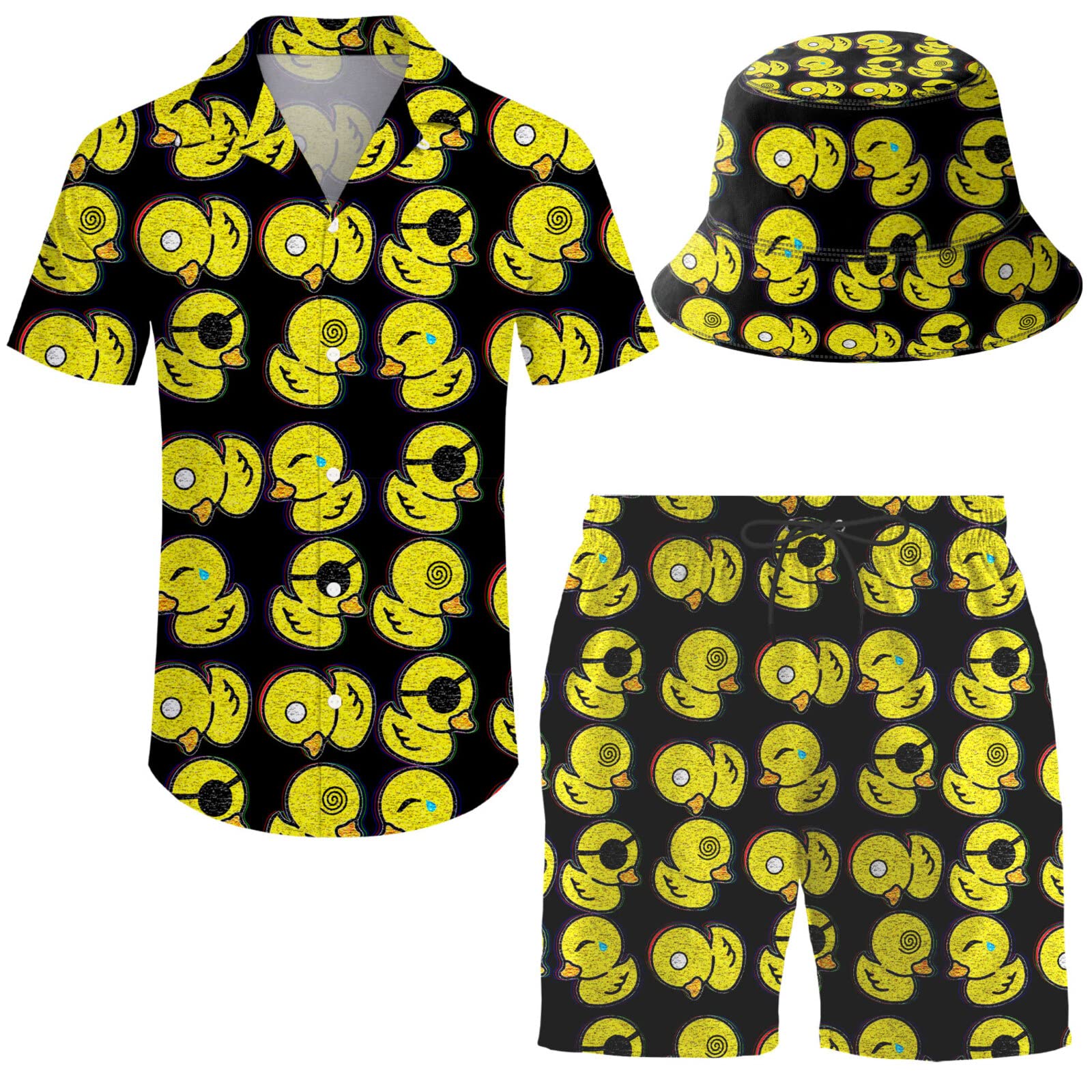 Wdpsuxin Unisex Rubber Duck Mens 2 Piece Short Set Trippy Dinosaur Hawaiian Button Down Shirt And Shorts Sets With Bucket Hats, Large