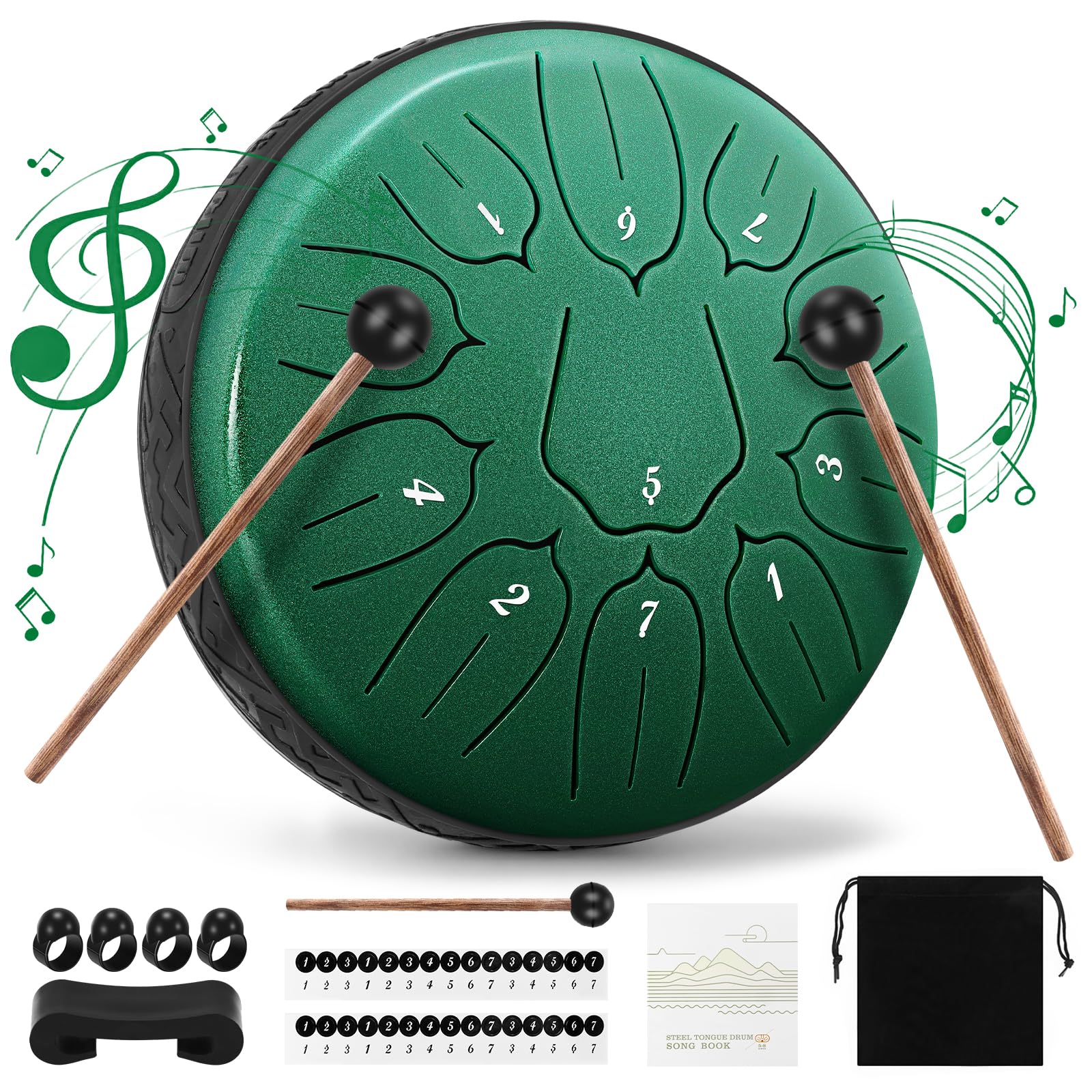 Steel Tongue Drum 6 Zoll, 11 Töne – Handpan Aus Stahl, Mit Stöcken, Tasche, Grün, Für Meditation & Musik