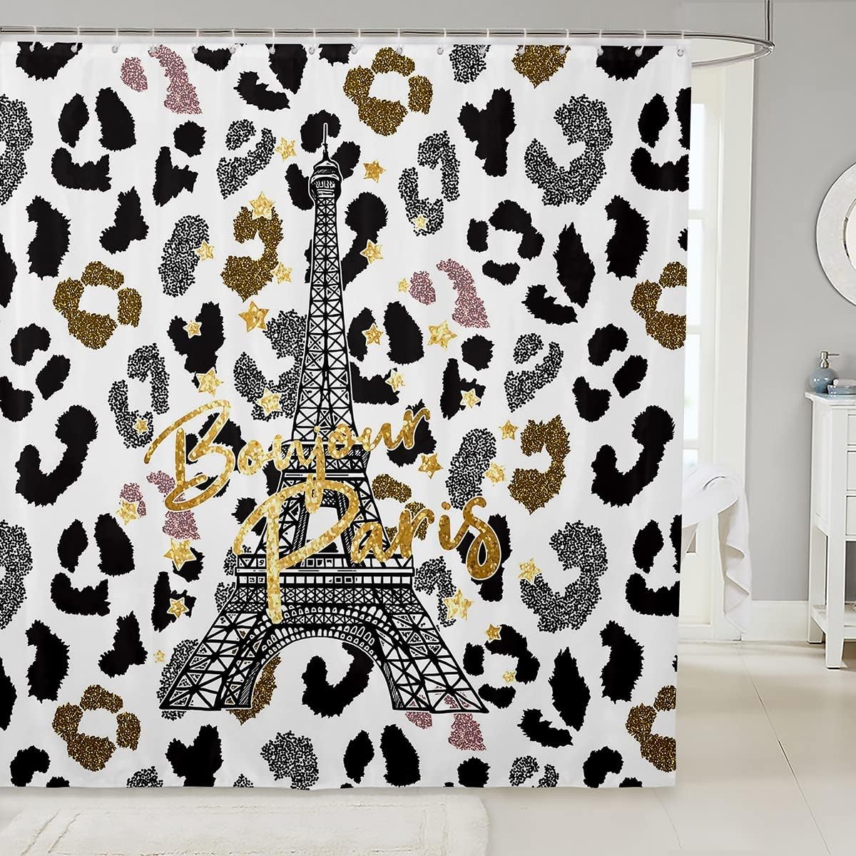 Feelyou Paris Tower Shower Curtain Leopard Print Fabric Shower Curtains for Kids Girls Eiffel Tower Bathroom Waterproof Accessories with 12 Hooks Modern Luxury Curtains,72x78 Inches