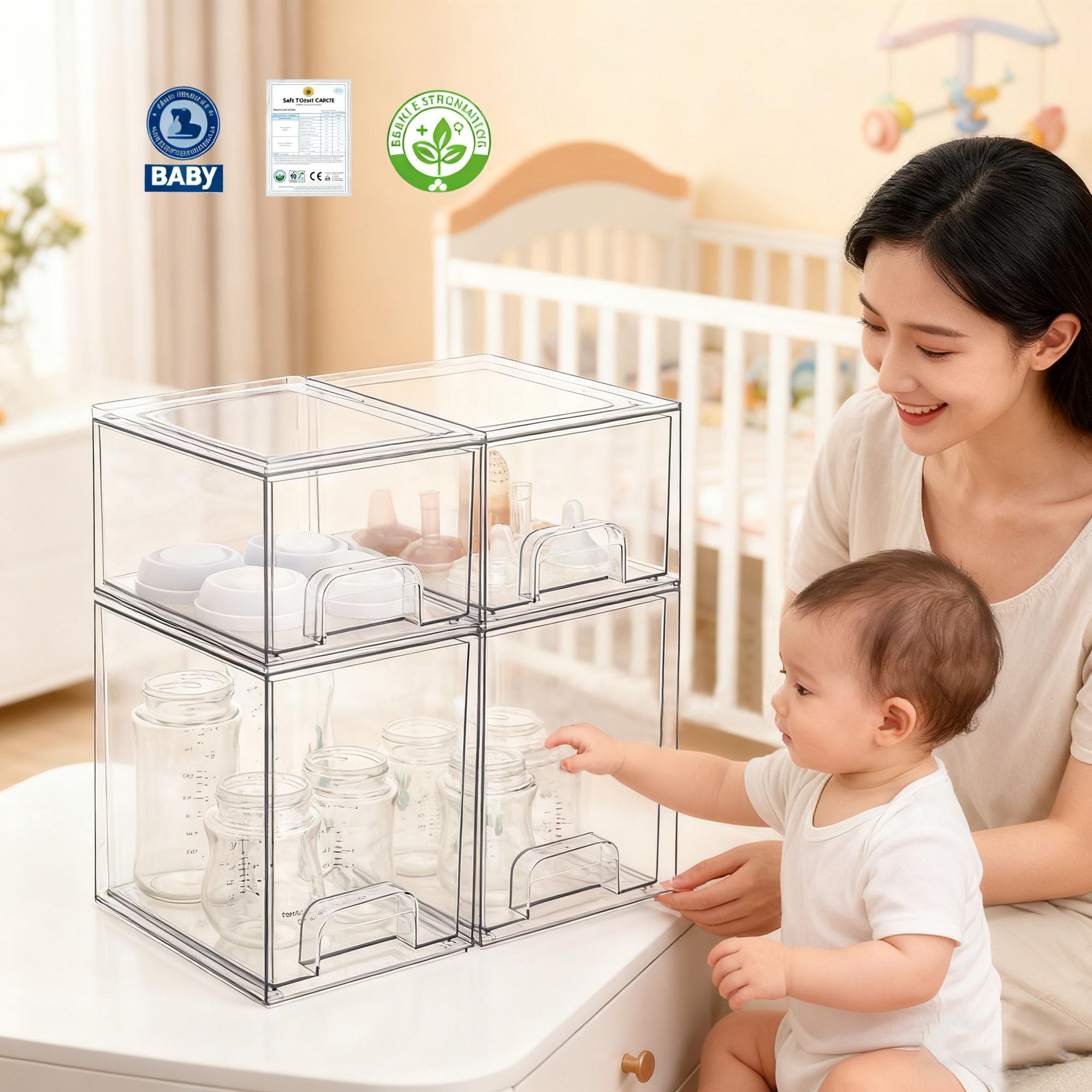 yanyoyo Aufbewahrungs-Organizer für Babyflaschen (2 kleine + 2 hoch, transparent)