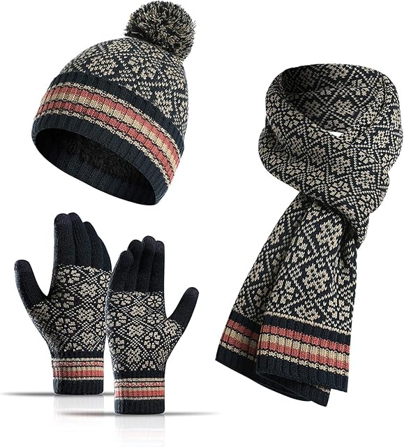 QKURT Womens Beanie Gloves Scarf Set, Winter Thermal Pom Pom Hats Mittens Neck Scarf Set for Ladies Girls Outdoor Wearing