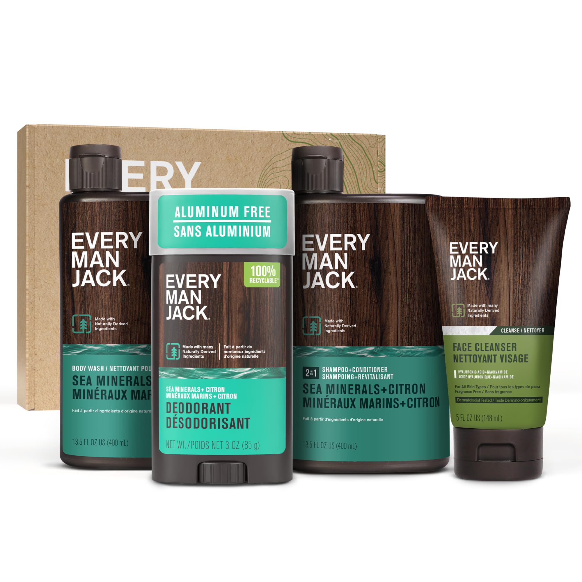 Every Man Jack Men's Bath and Body Gift Set - Sea Minerals + Citron Scent - Clean Ingredients - Includes Hydrating Body Wash, 2-in-1 Shampoo, Aluminum-free Deodorant & Face Wash
