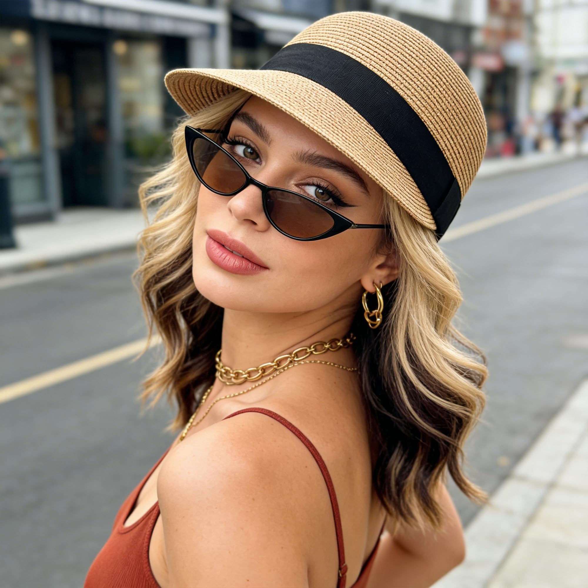 Wildarms De Mujer Summer Straw Sun Hat - Negro Ribbon Foldable Outdoor Floppy Straw Beach Hats (, Talla única, Beige)