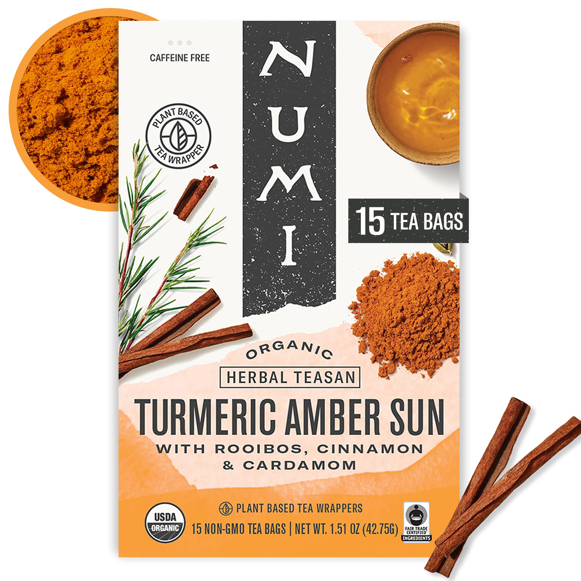 Numi Tea Organic Amber Sun Turmeric Tea, 15 Herbal Tea Bags, Caffeine Free