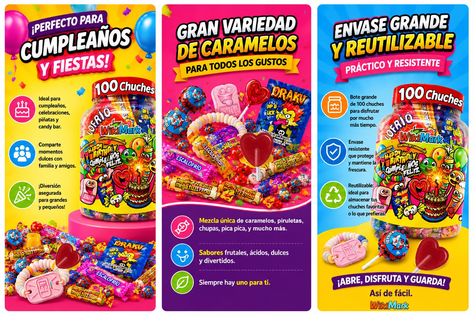 Bote 100 Chuches Surtidas para Cumpleaños y Piñatas | Caramelos Variados Infantiles | Golosinas para Fiestas, Candy Bar y Bolsas de Regalo | Mix Dulces Sin Gluten y Sin Leche
