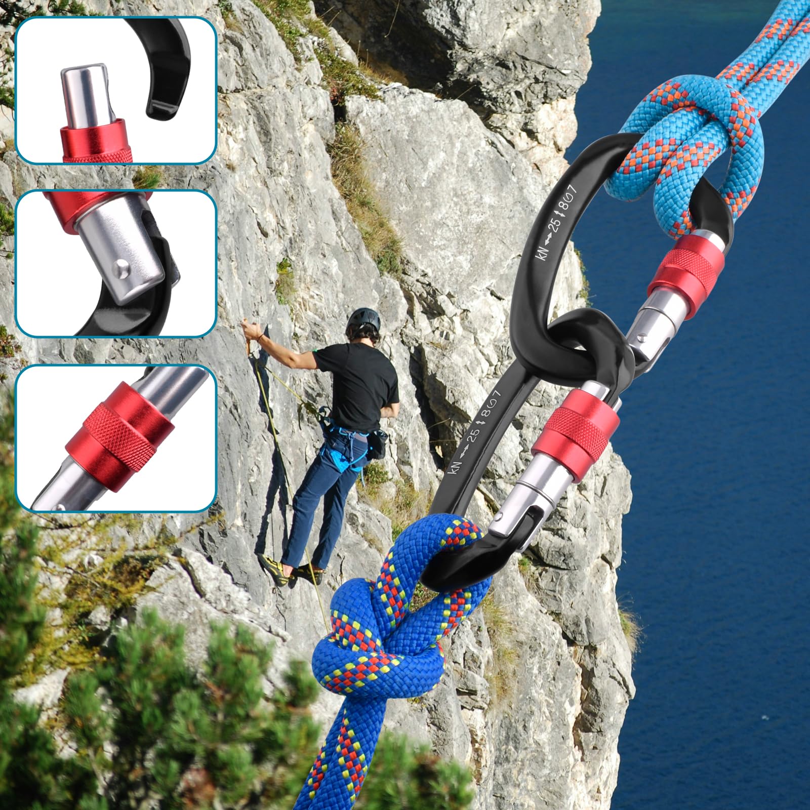 TRIWONDER Mousqueton Escalade 25 KN Mousquetons à Verrouillage 2 Pièces pour Camping Hamac Porte Clé