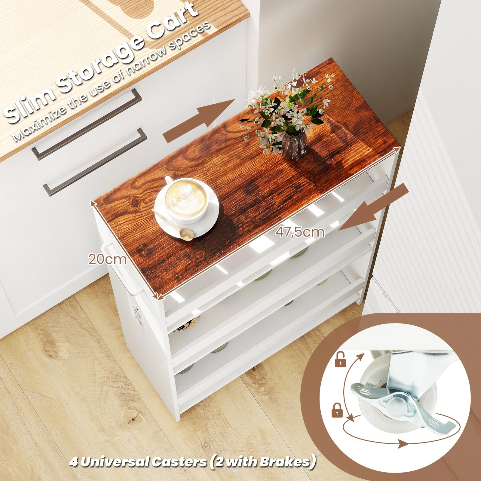 KOMFOTTEU Carro de Cocina de 4 Niveles, Carrito Auxiliar con Estación de Carga, Carrito Estrecho Ahorra Espacio con 4 Ruedas, Mueble de Almacenaje para Baño (Blanco e Industrial, 47,5 x 20 x 80,5 cm)