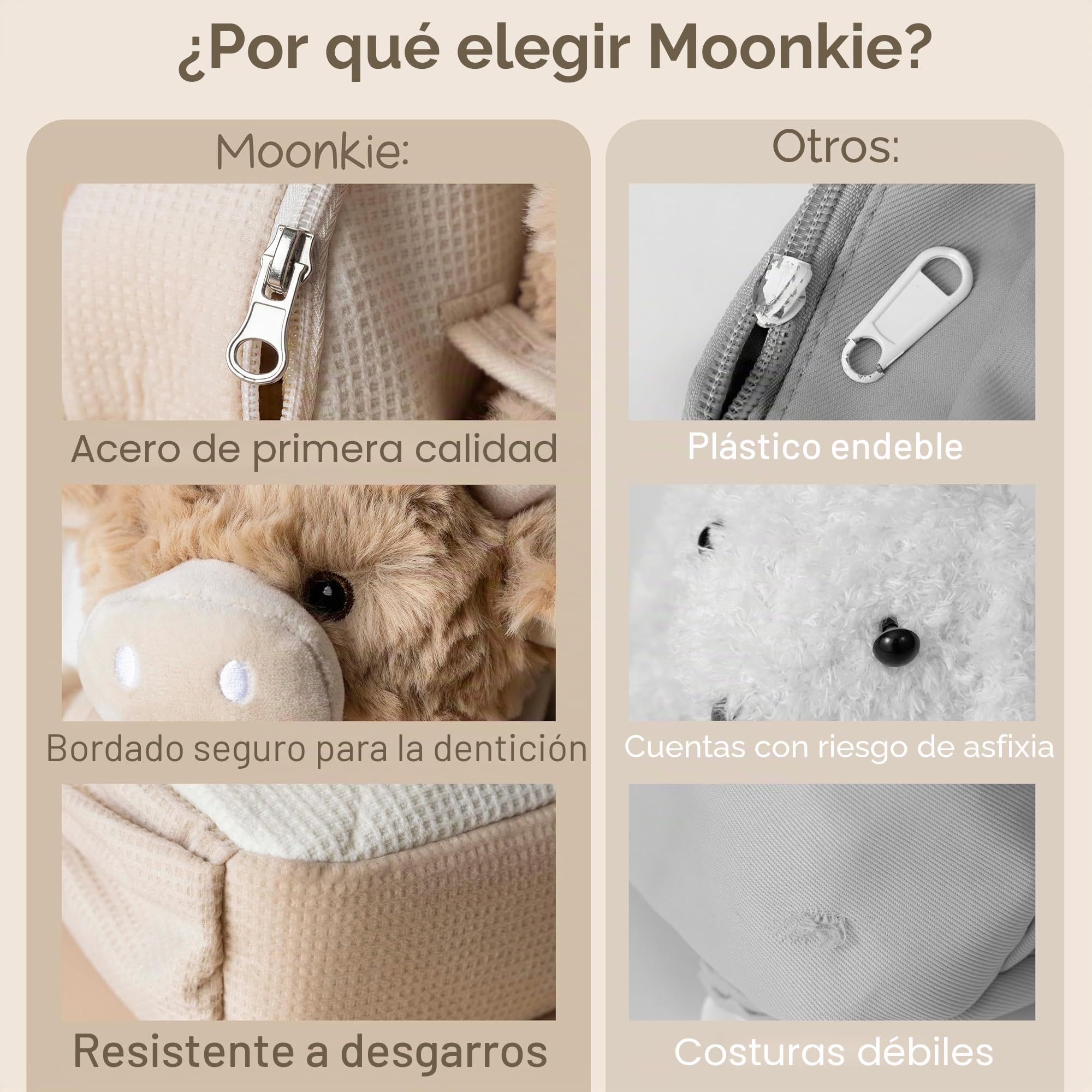 Moonkie Hug & Go Mochila Infantil, Bolso Bebe con Juguete Desmontable, para Niño y Niña 1 2 3 Años, Mochila Bebe Guarderia de Peluche Suaves, con Correas Ajustables, Regalos Niños para Viajes