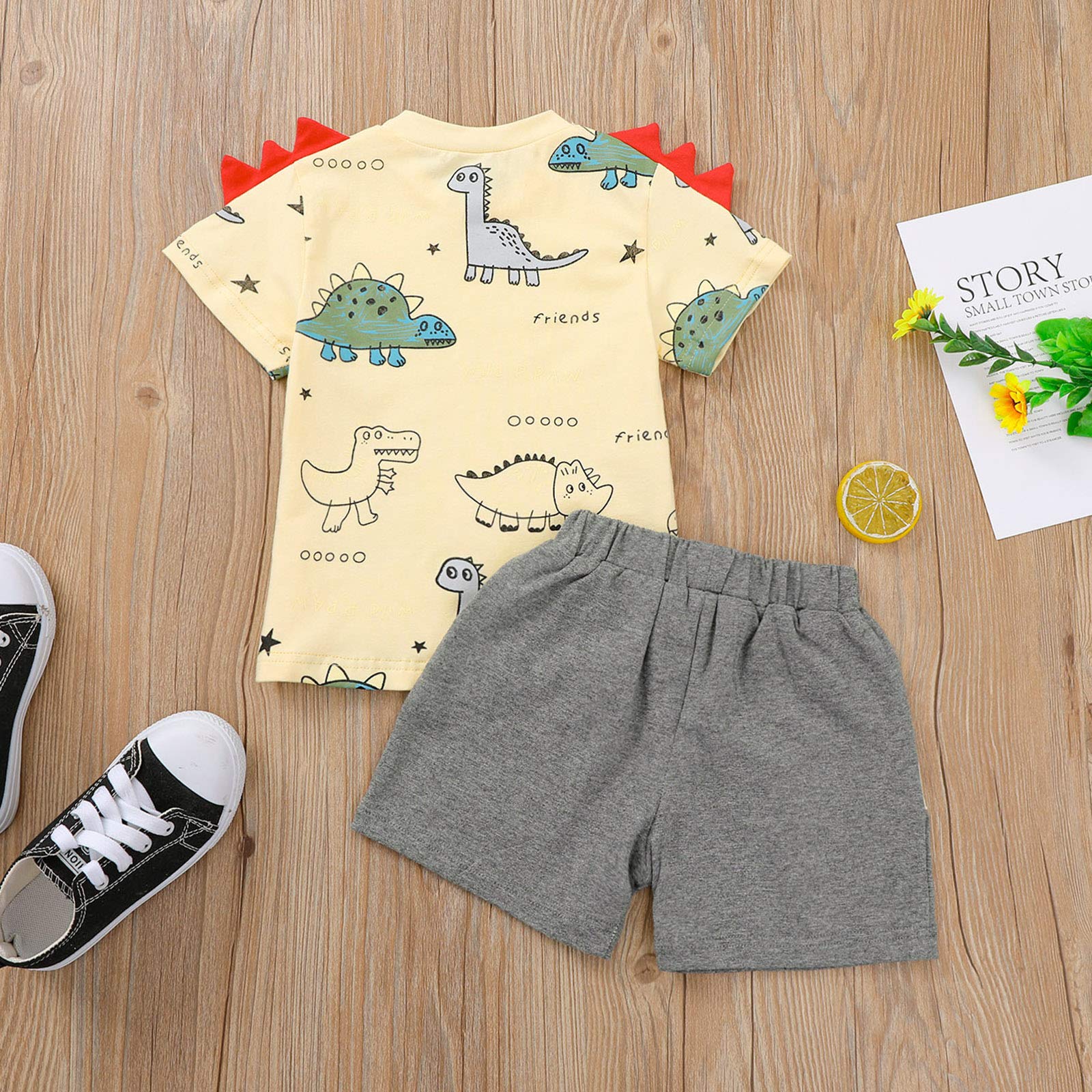 Summer Toddler Baby Boy Clothes Cartoon Dinosaur Letter Print Cotton Tops+Elastic Shorts 2PCS Outfit Set (Apricot,18-24 Months)