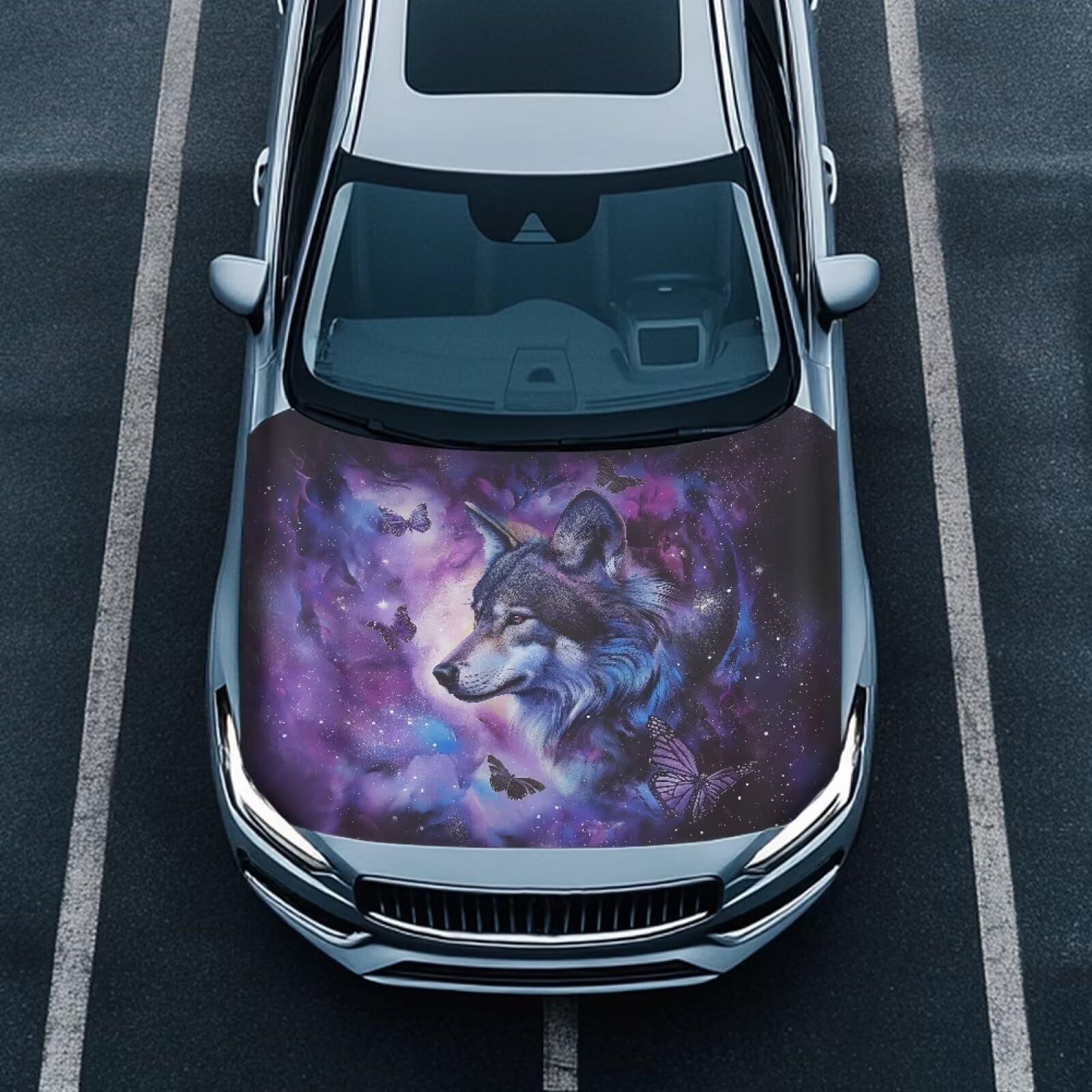 Galaxy Wolf Car Hood Flag Cover - 59x39 in Car Hood Cover for Car Decor,Car Hood Cover Protector for Auto Car Truck Van SUV