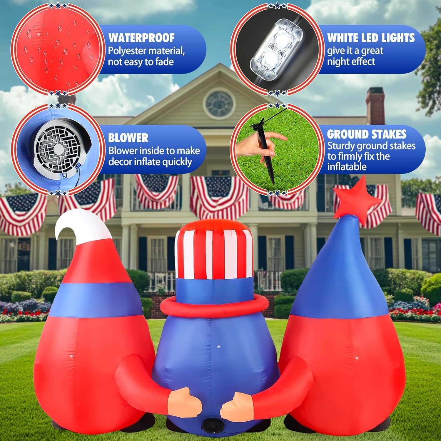 4th of July Inflatables Outdoor Decorations 6FT Long Patriotic Inflatable Memorial Independence Day Blow Up Gnome American Flag Led Lights Fourth of July Blow Ups Garden Yard Lawn Décor