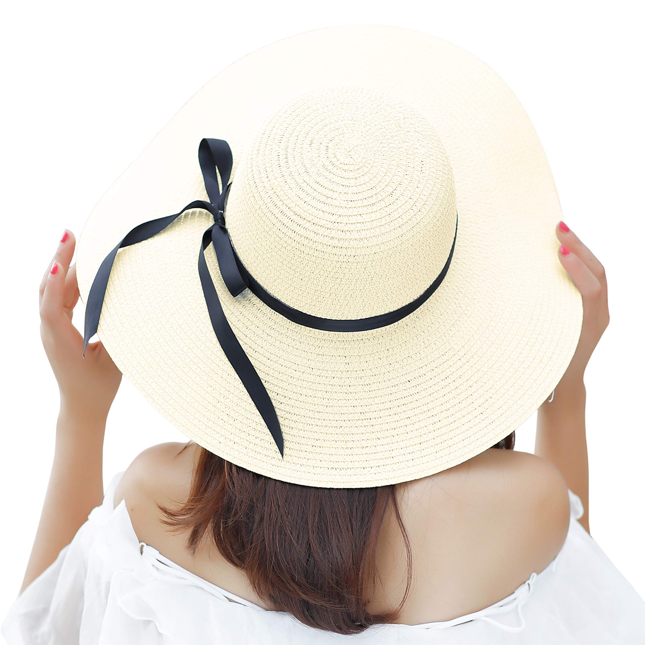 Muryobao Womens Wide Brim Straw Sun Hat Floppy Foldable Roll up Cap UPF 50+ Summer Beach Hats, White, One Size