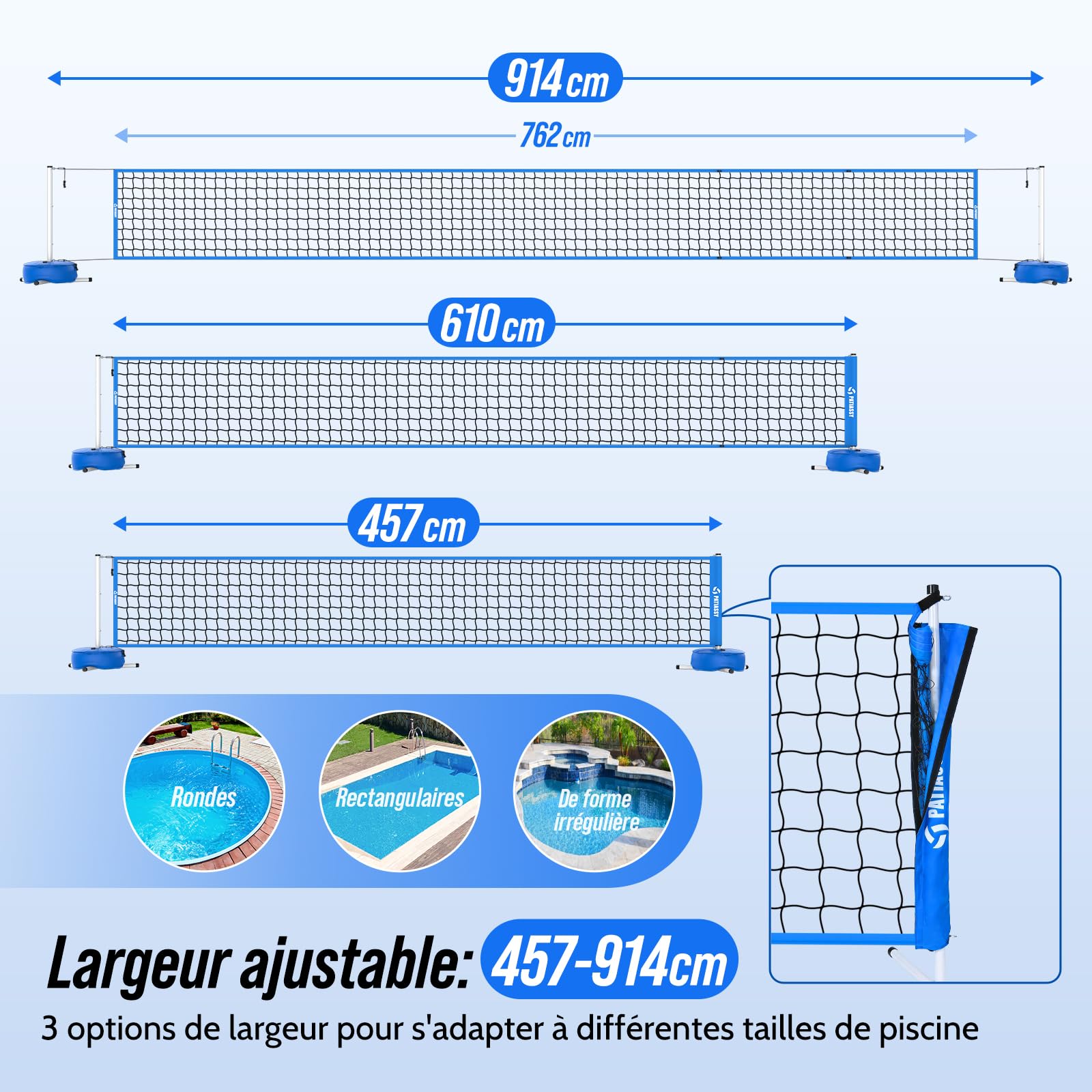 Filet Volley Piscine Portable, Longueur réglable 4,5 à 7,6 m, L'installation est Simple et Rapide, pour Jeux d’Eau, Jardin, Plage et Activités Extérieures