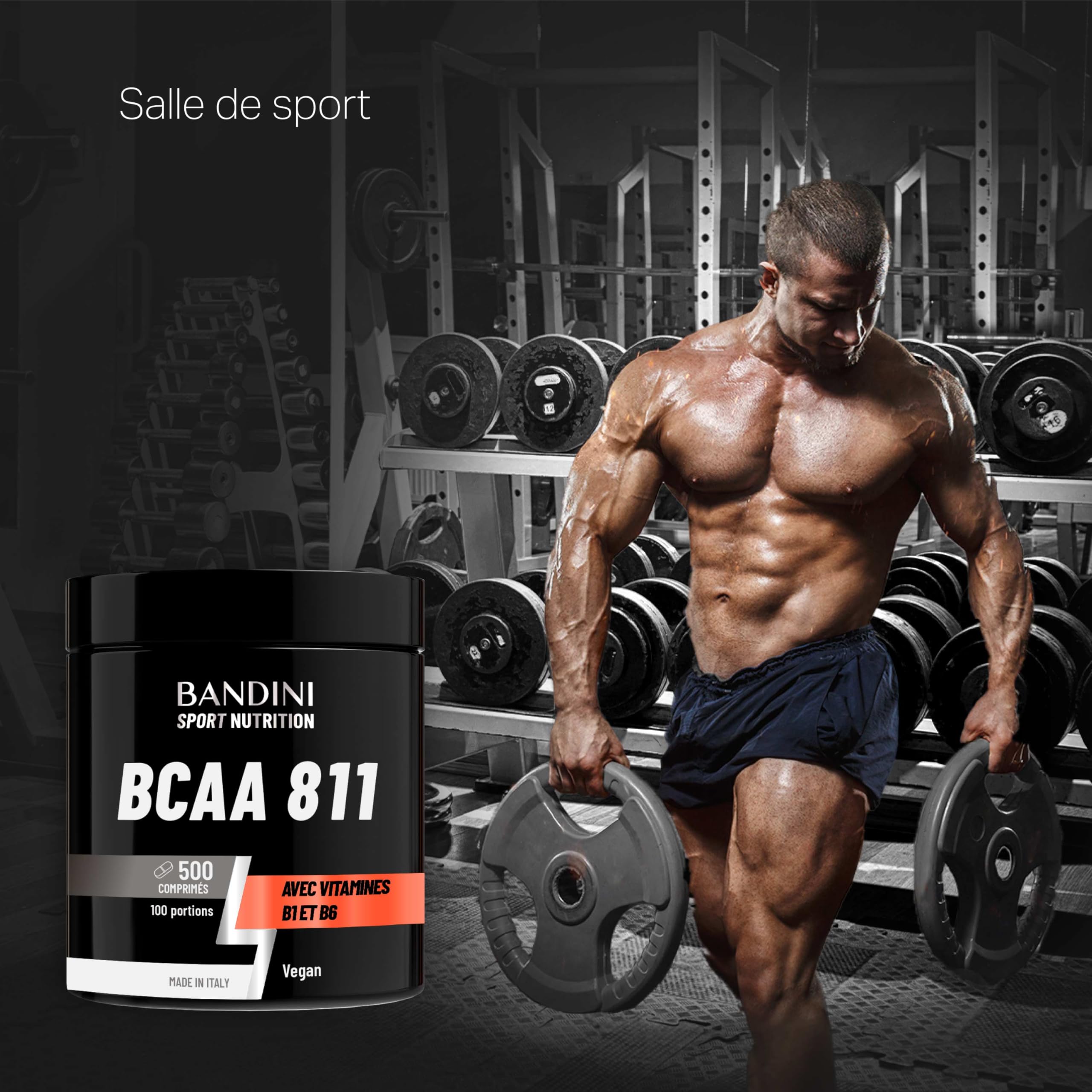 Bandini® BCAA 8:1:1 500 Comprimés | Acides Aminés à Chaîne Ramifiée 8.1.1 | | Leucine, Isoleucine, Valine + Vitamine B1 et B6 | Sans gluten et sans lactose | Supplément Pré et Post Workout | 100% Vegan