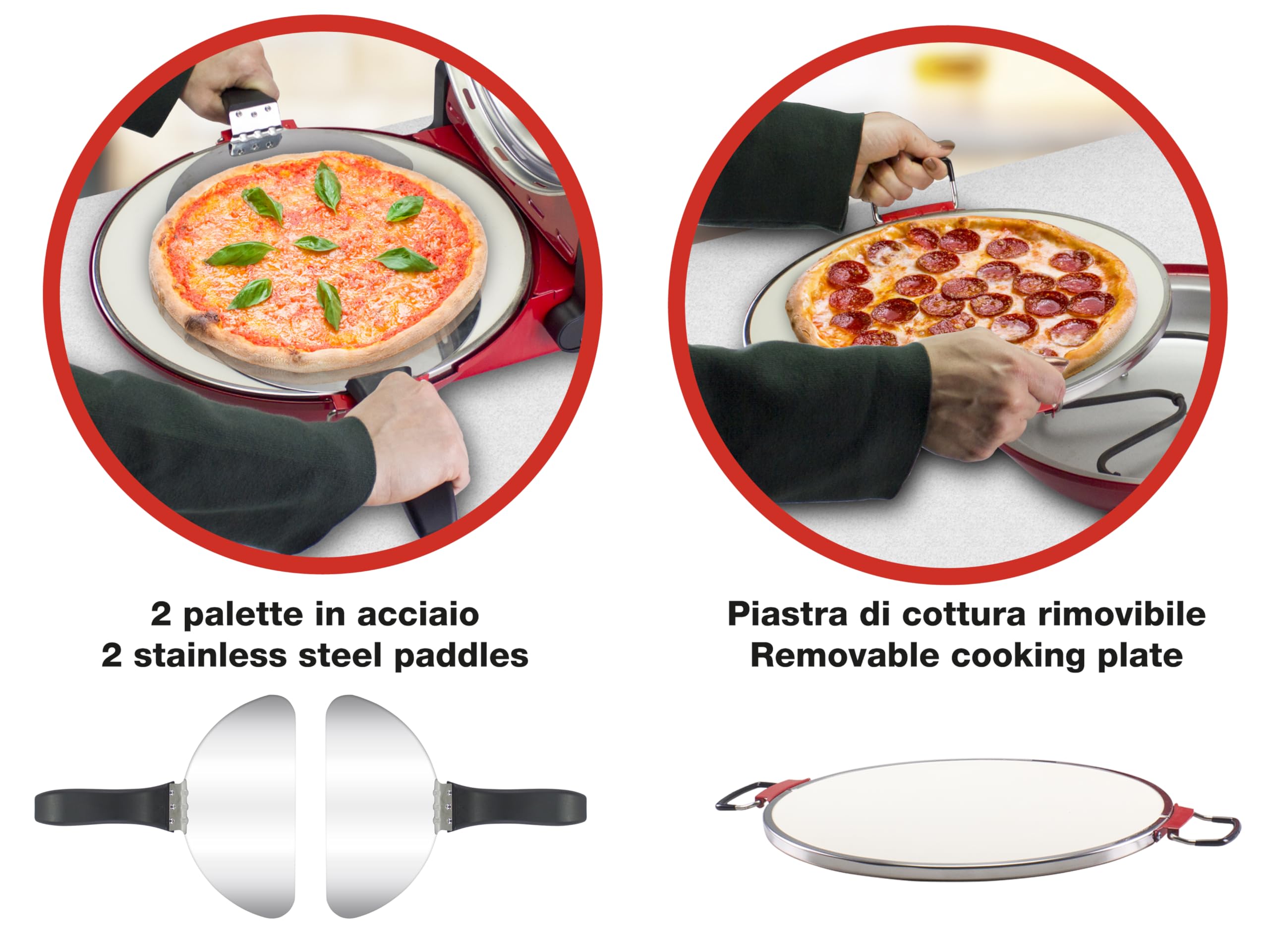BEPER P101CUD301 Forno Elettrico per Pizza, 1200W, Temperatura 400°C, Piastra da 31 cm, Fornetto per pizza con Piastra Refrattaria Rimovibile, Oblò, Palette in acciaio, Rosso
