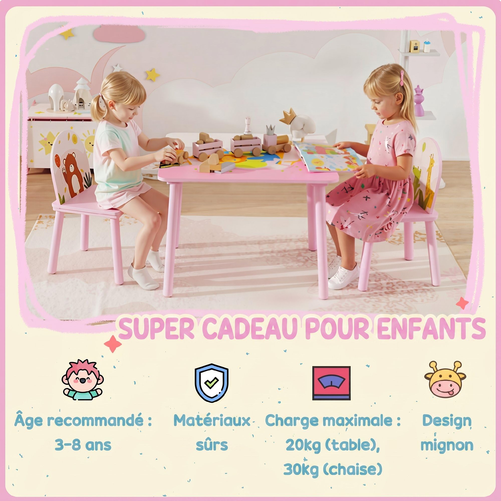 AIYAPLAY Table Enfant avec Chaise en Bois pour Fille Garçon 3-8 Ans Rose