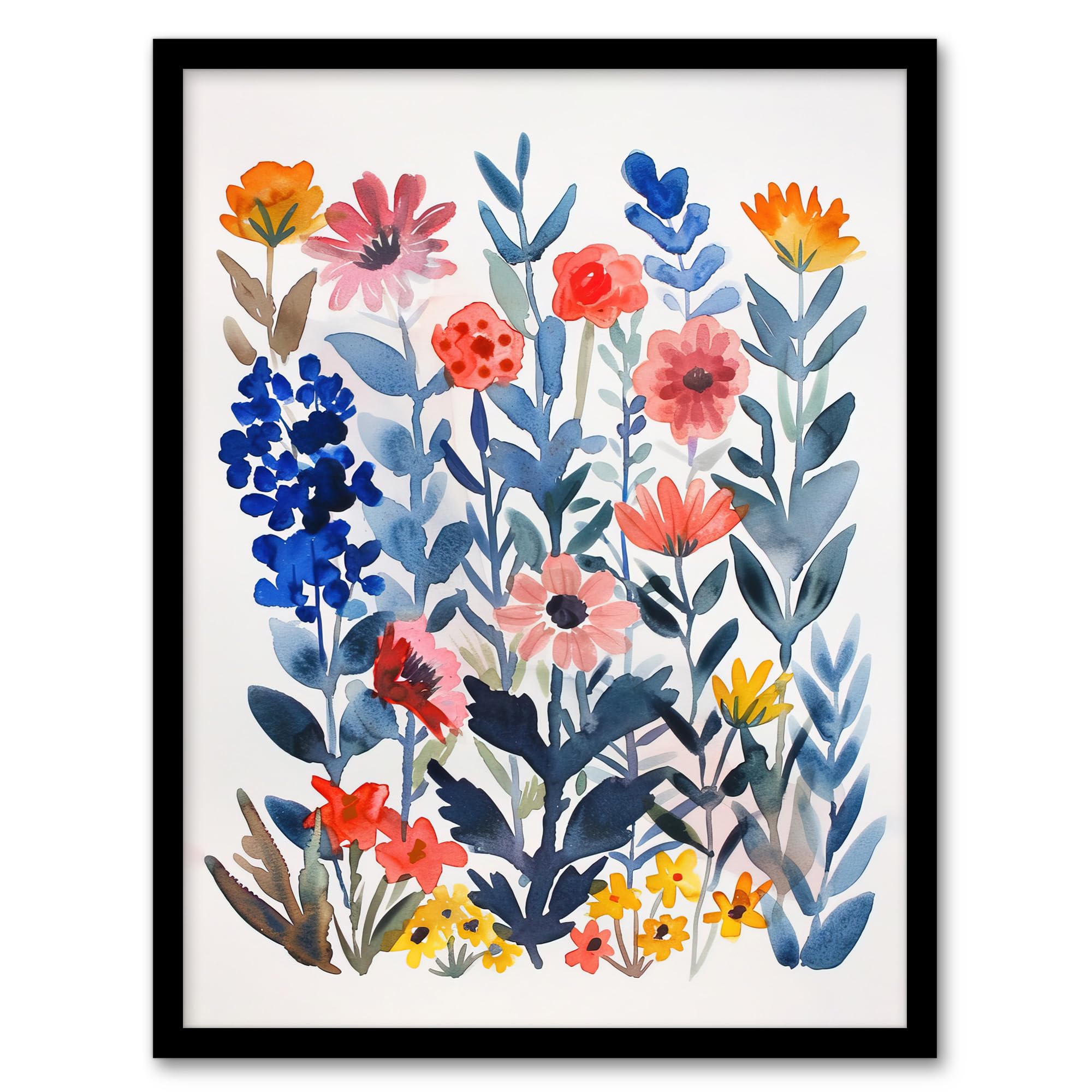 Artery8 Garden Flowers in Spring Scandi Folk Watercolour Living Room Artwork Framed Wall Art Print 18X24 Inch