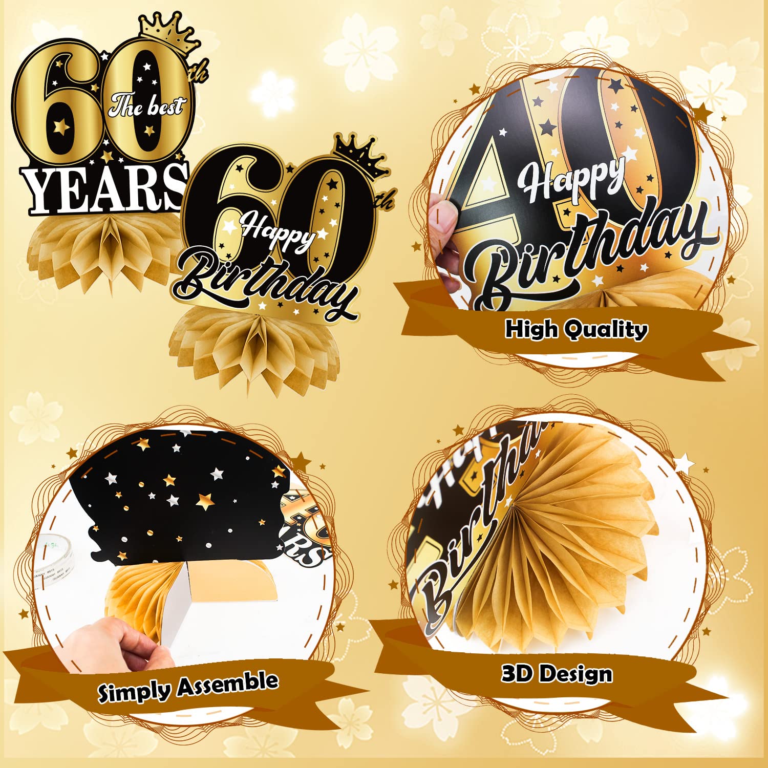 Centrotavola Compleanno 50 Anni - Set 9 Pezzi A Nido D'Ape, Decorazioni Nero E Oro - Foto 3