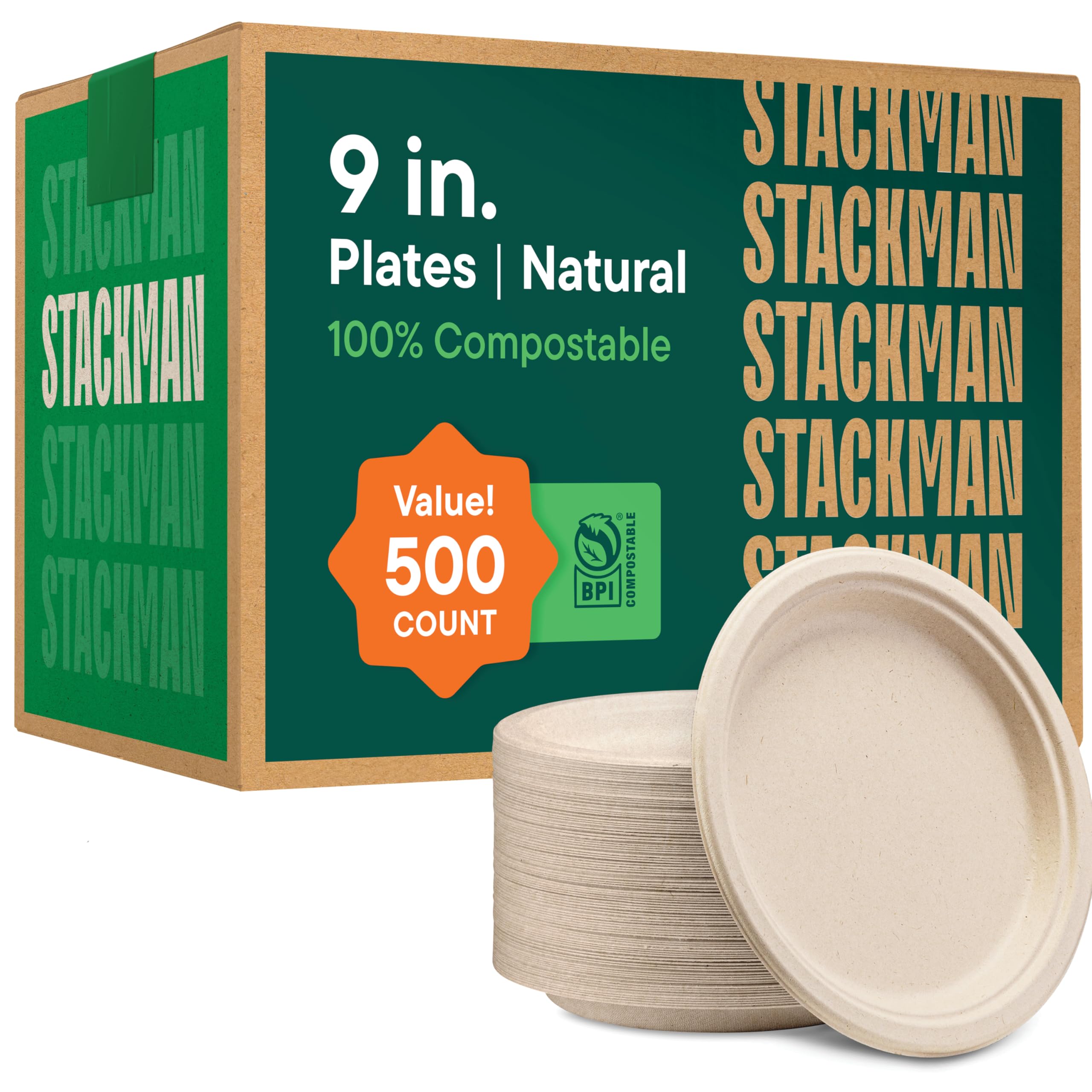Platos de papel 100 % compostables de 9 pulgadas [500 unidades] platos llanos resistentes, bagazo sin blanquear de color marrón natural, platos de caña de azúcar biodegradables desechables,