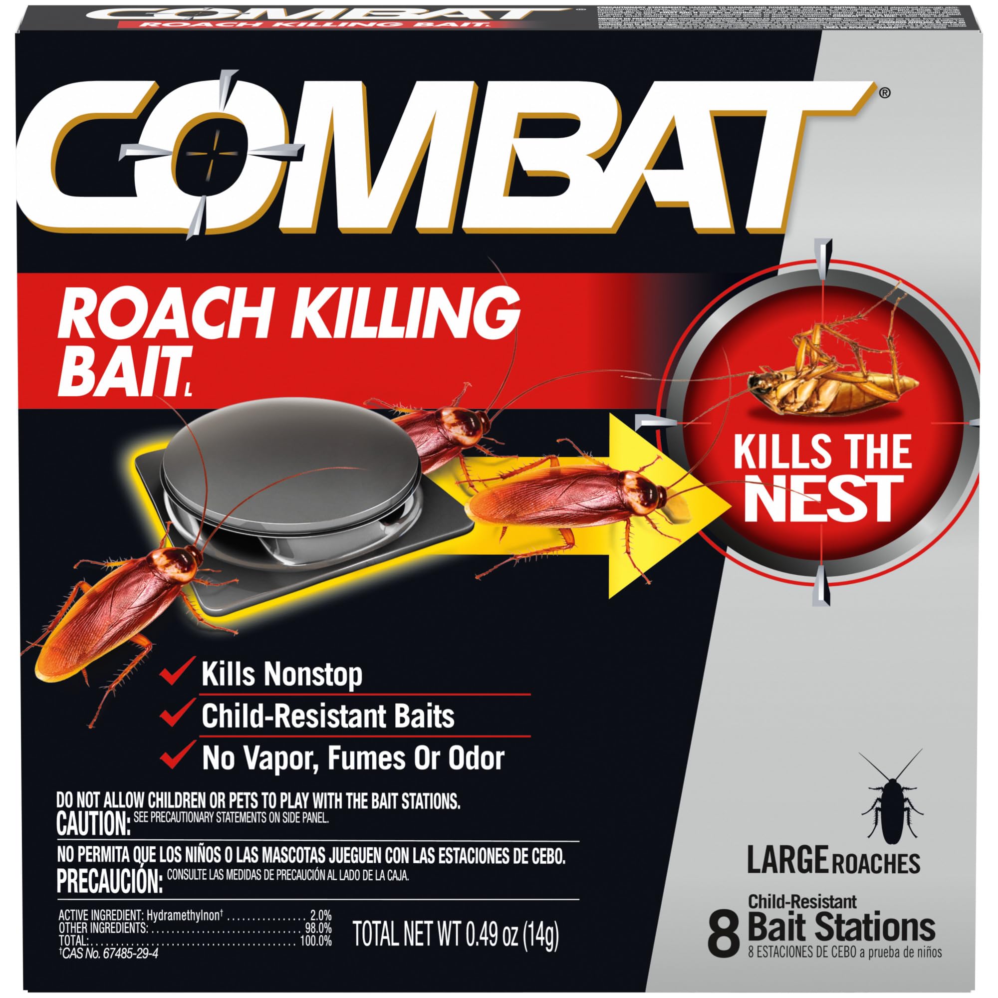 CombatRoach Killing Bait, Roach Bait Station For Large Roaches, Kills The Nest, Child-Resistant, 8 Count,Insects