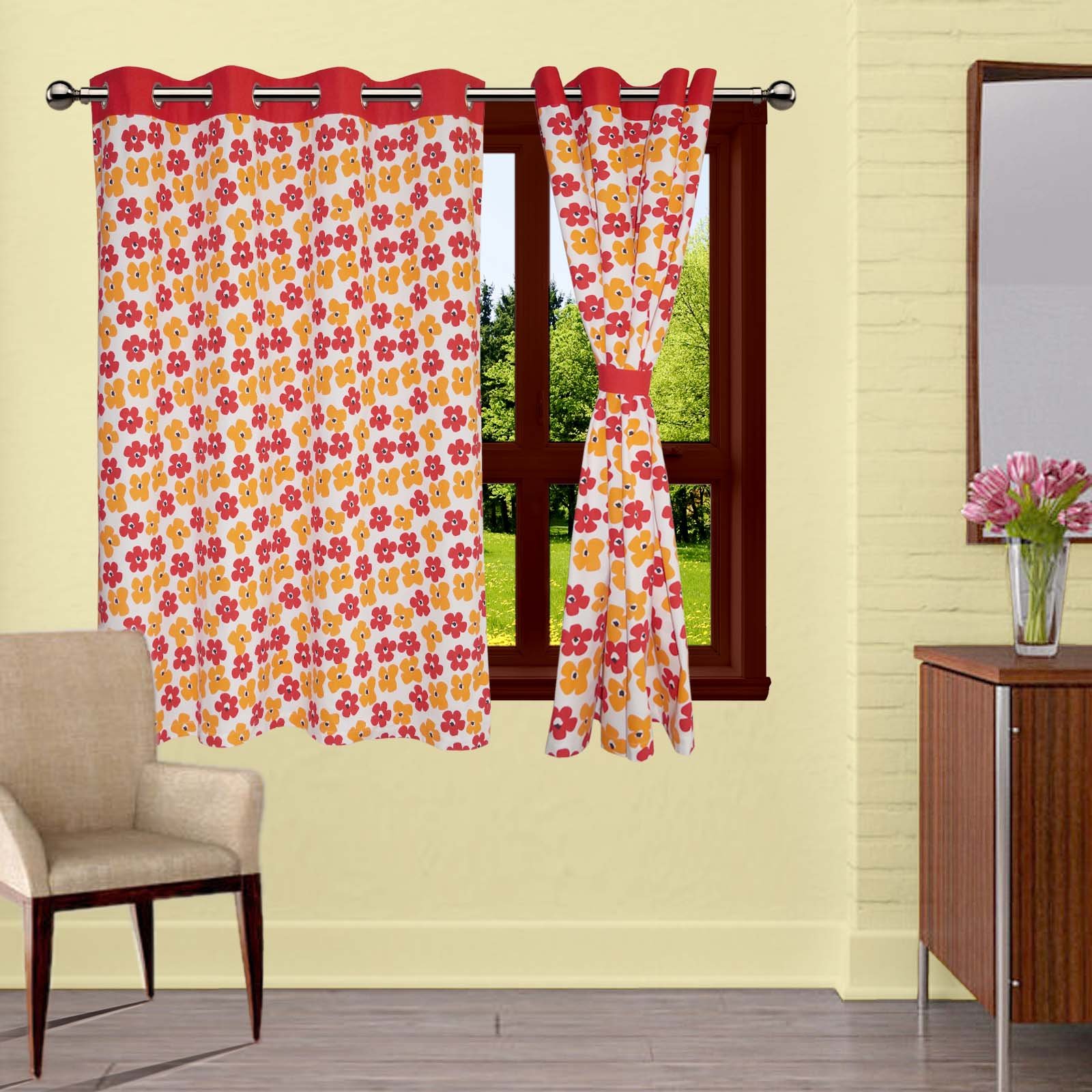 Lushomes Window Curtain, Red Basic Printed Cotton Curtains for Living Room/Home with 8 Eyelets & Printed Tiebacks for Window (54x60 Inches),Pack of: 1