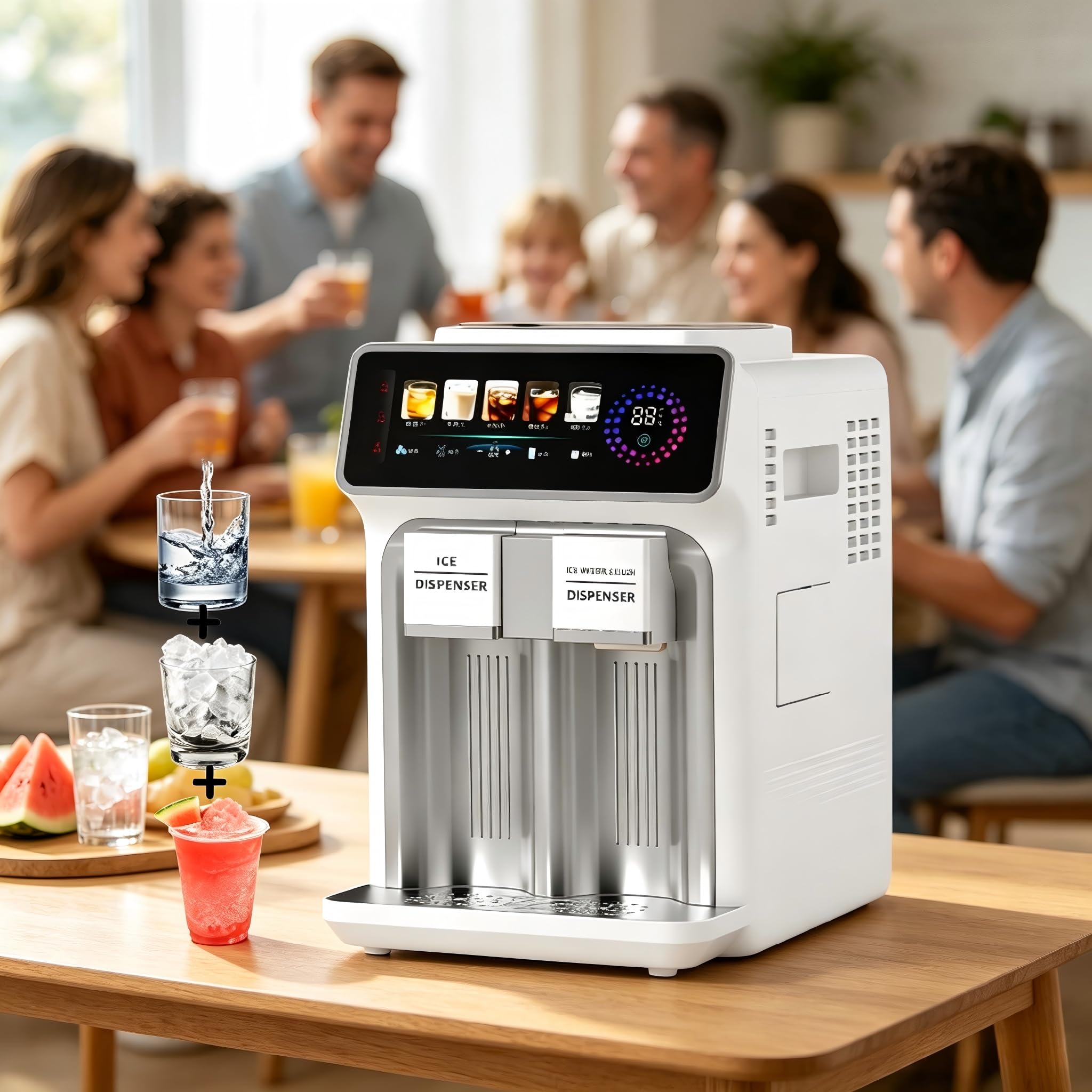 3-in-1 Water Dispenser with Ice Maker,Countertop Nugget Ice Machine with Bullet & Crushed Ice,Cold Water，15KG (33.07 Lbs)/24H,12 Ice Cube/6Min, Self-Cleaning, 1KG (2.20 Lbs) Storage, Home white