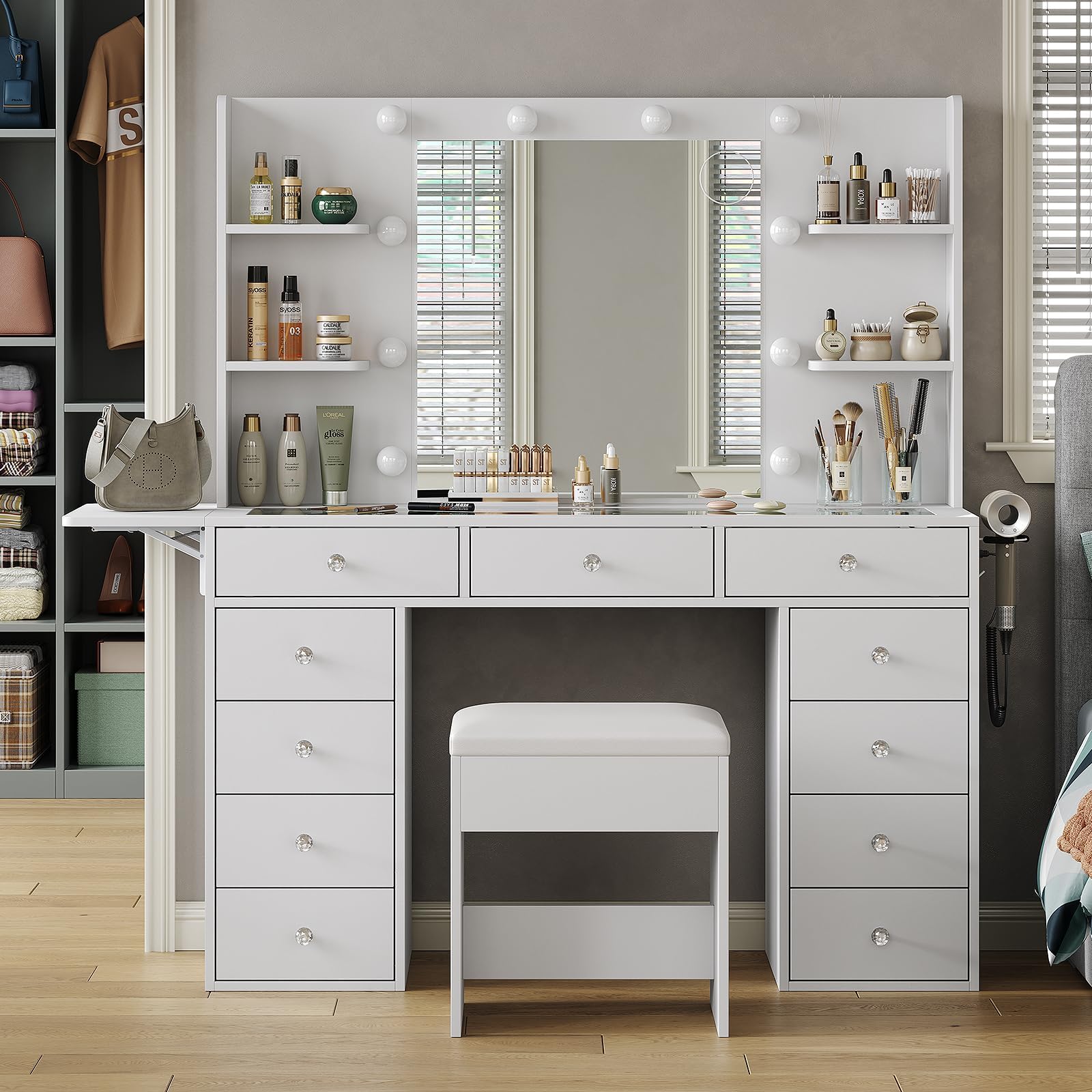 FUSOU Dressing Table with Mirror and Stool, 11 Drawers Vanity Desk, White