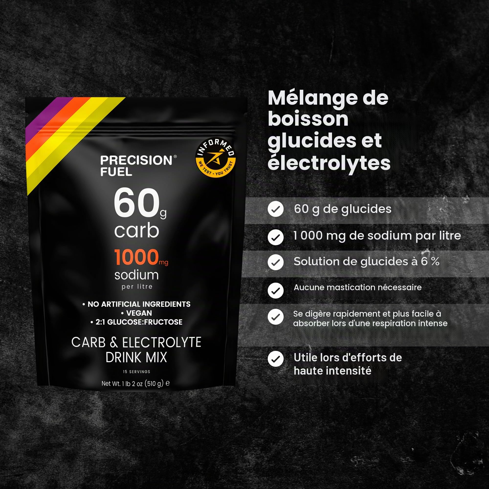 Precision Fuel Carb & Electrolytes Mélange en poudre pour boisson énergétique, 60 g glucides et 1000 mg sodium/L, vegan, goût agrumes, pour entraînements intensifs et sports d’endurance (lot de 2)