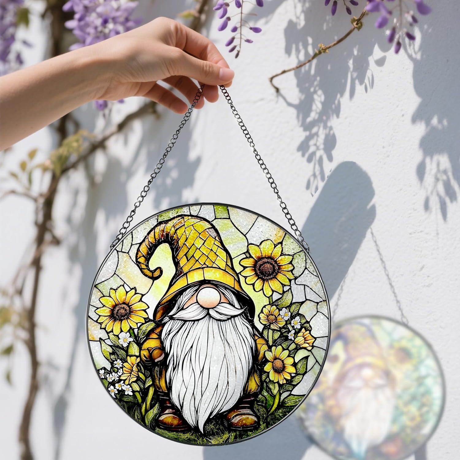 8″ Stained Glass Window Hanging Ornament, Sunflower Gnome Stained Glass Suncatcher Ornament, Sun-Catcher Window Decor | Christmas & Birthday Gifts, Festival Gifts | Gift for Her - Image 3