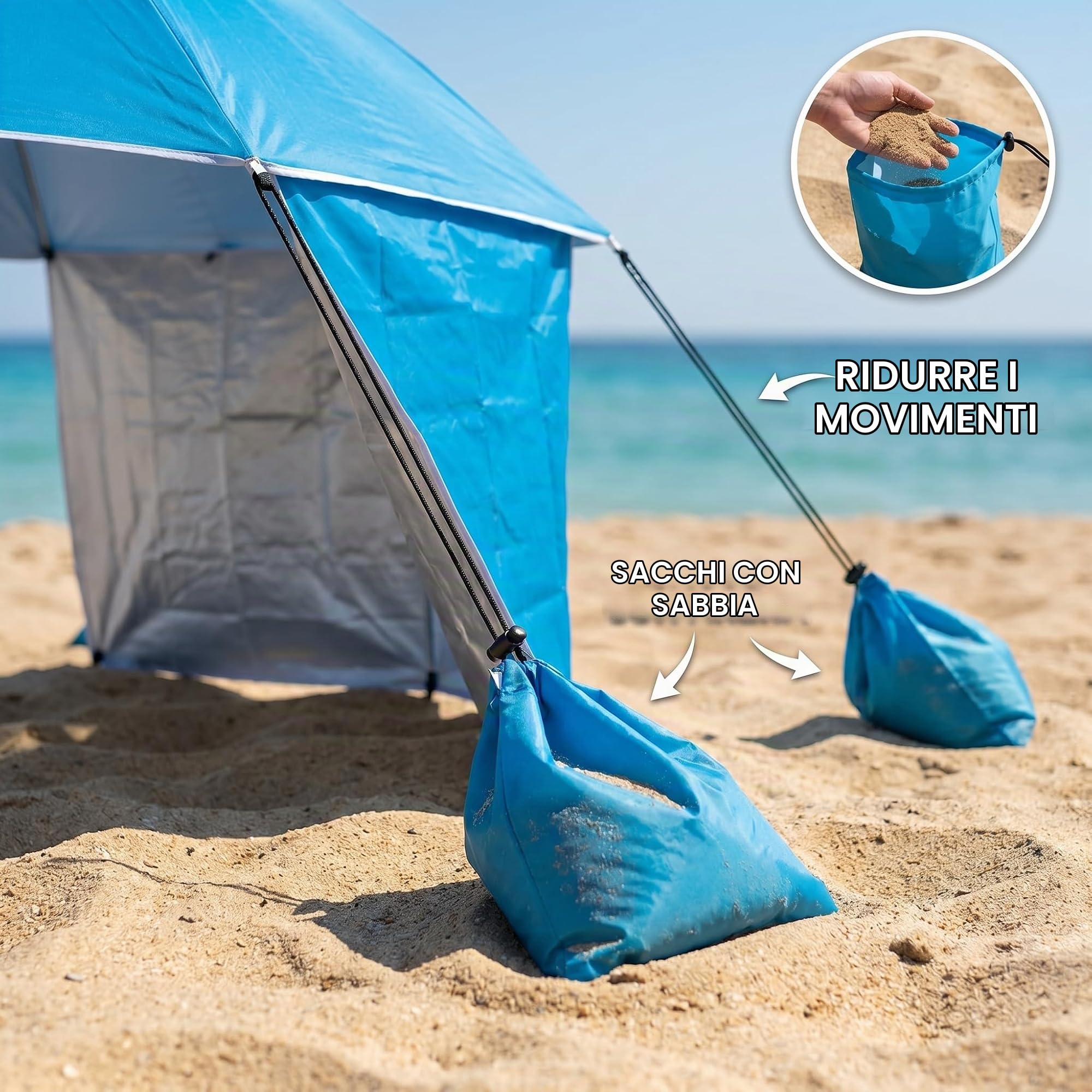 Pincho Tenda laterale per ombrellone da spiaggia, paravento da spiaggia con sacchi di sabbia, ombra extra antivento, riparo pieghevole per ombrellone, accessorio compatto, resistente e leggero, 200 x