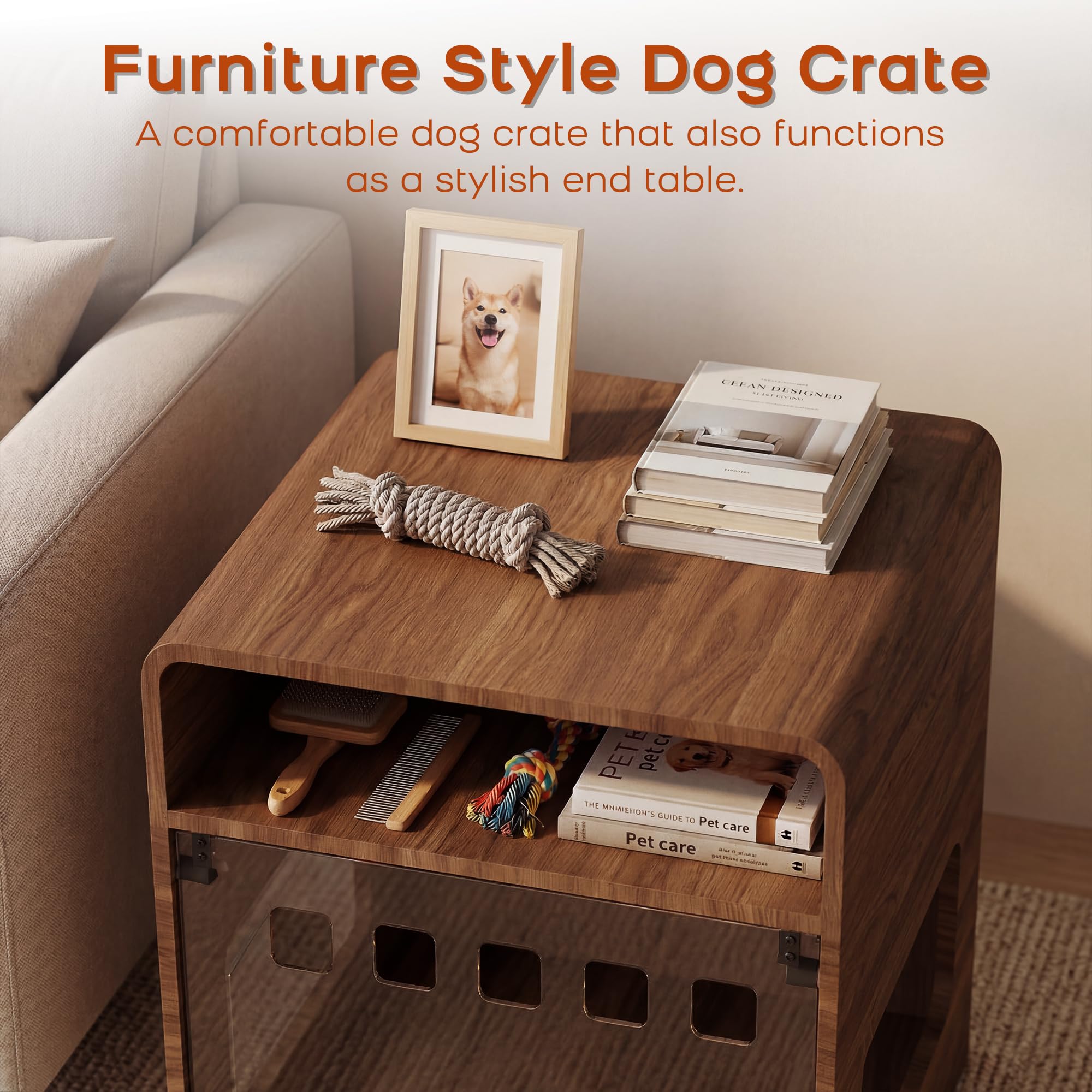 Hundebox für kleine Hunde, Hundekäfig Möbel mit Klapptür, Endtisch Hundekäfig mit Ablagefach, Indoor Haustierhaus für kleine mittelgroße Hunde, Holz Welpenhütte für Zuhause, Dunkles Holz