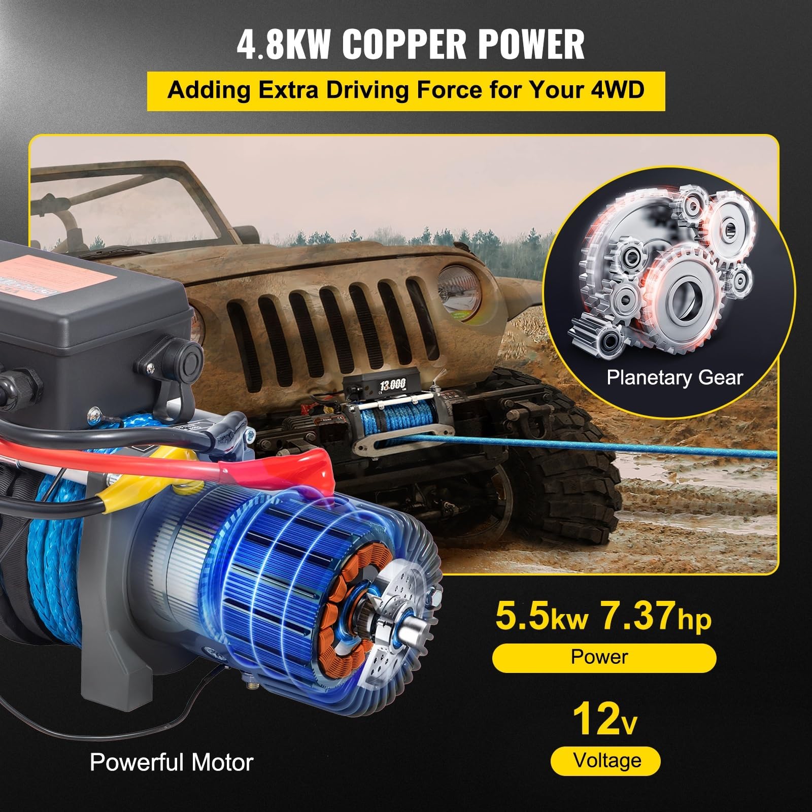 Wciągarka elektryczna 12V do 4X4 80FT syntetyczna przyczepa samochodowa liny pasek holowniczy z bezprzewodowym sterowaniem ciężarówka ATV Off Road(17500lbs Black Rope)