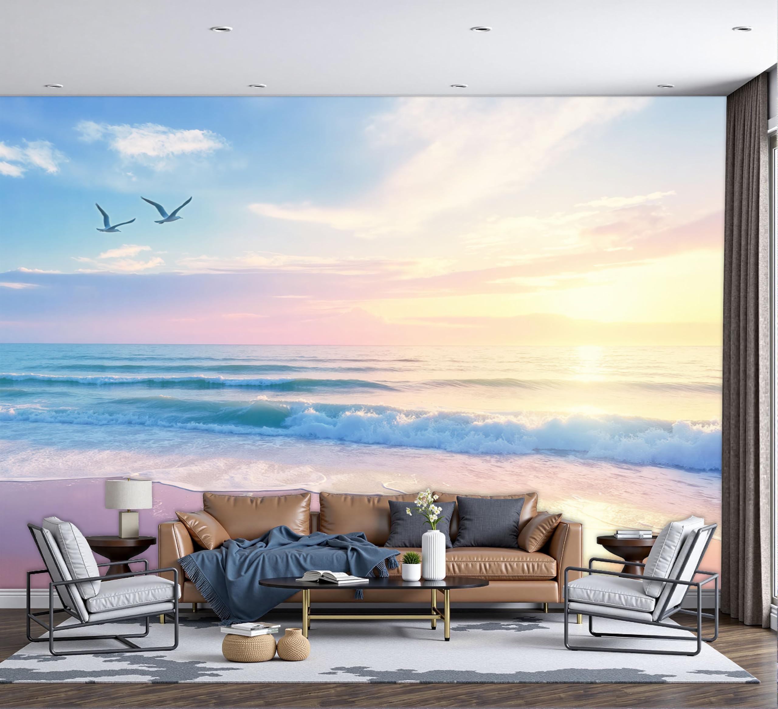 Papier Peint Panoramique pour Agrandir un Salon Sombre avec Vue sur Mer