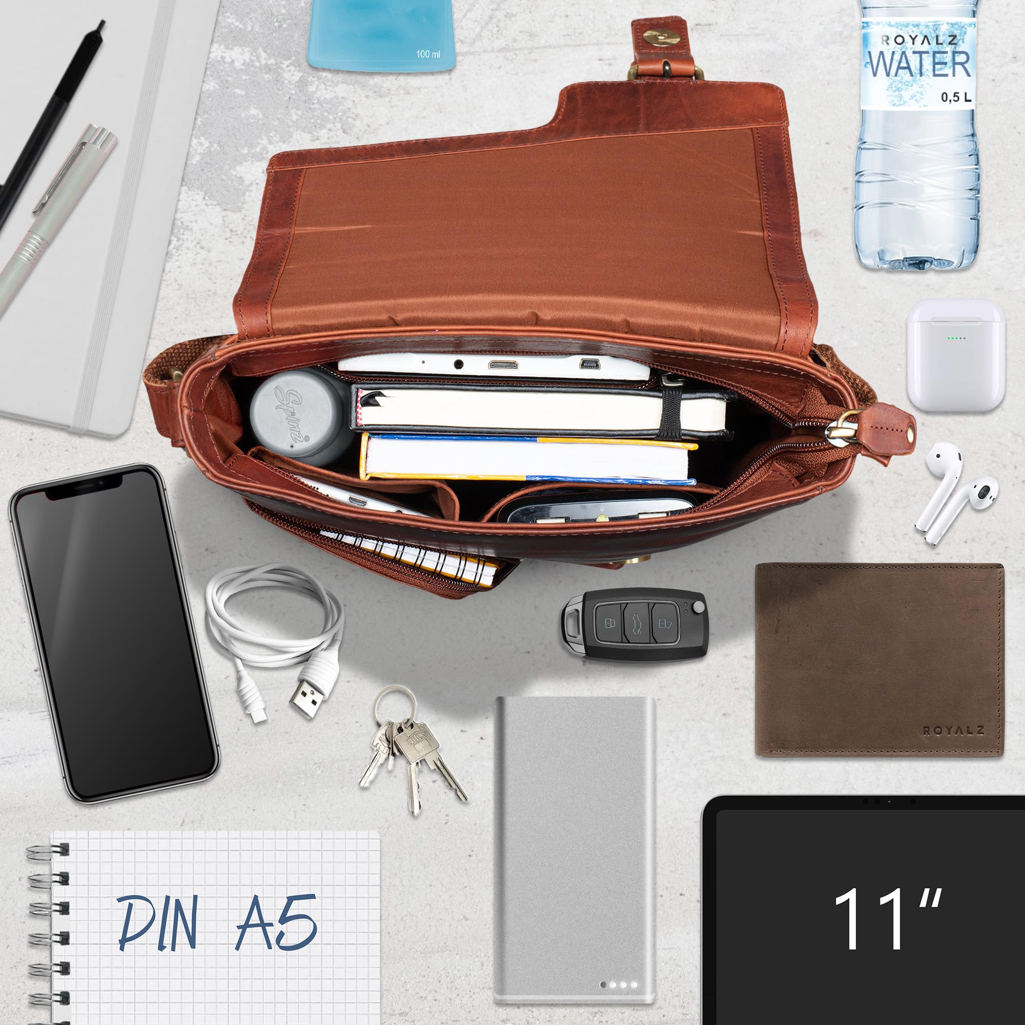 ROYALZ "Denver Borsa uomo vera pelle piccola vintage Tracolla Borsello Vero Cuoio Messenger per Tablet da 10,1 Pollici Viaggio