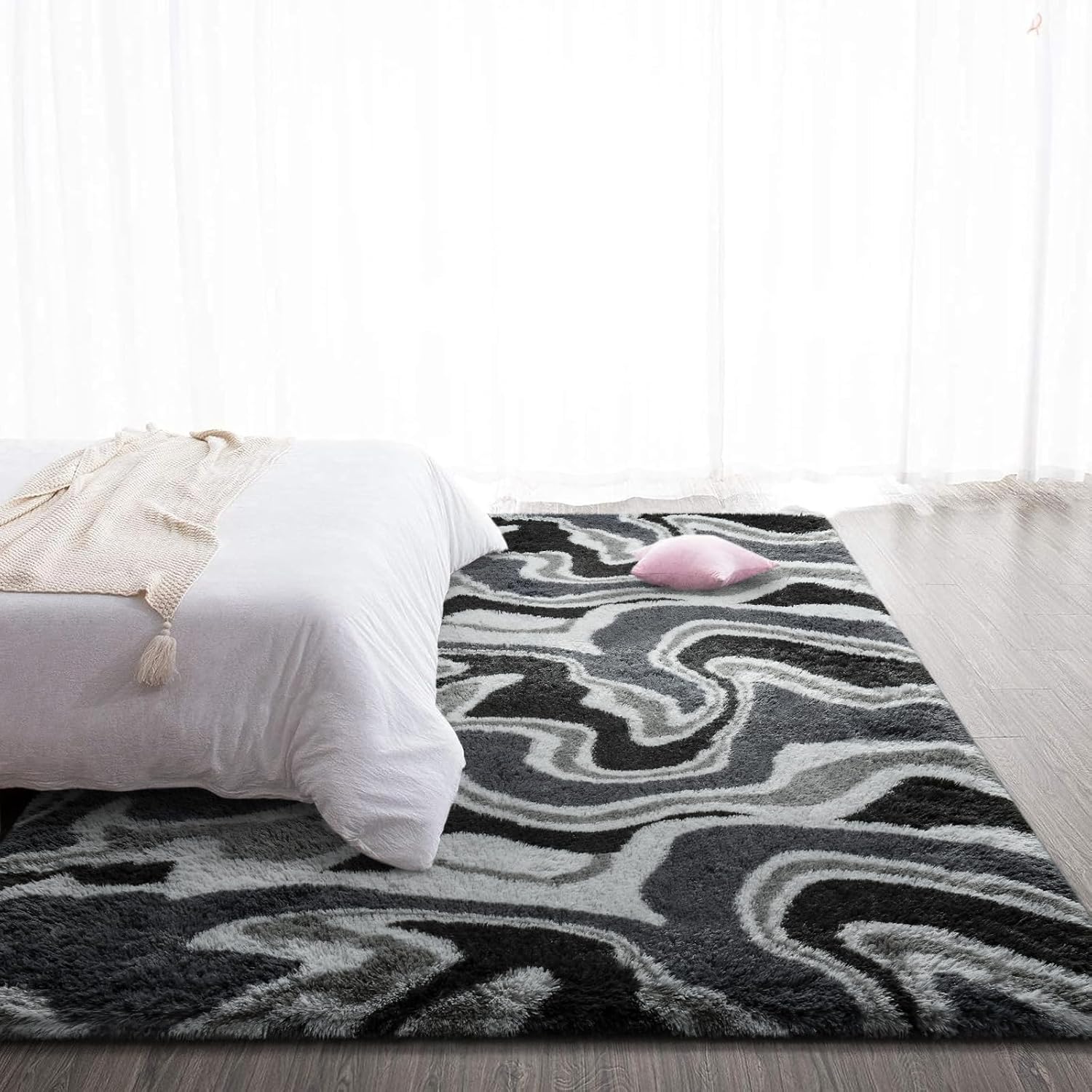 TWINNIS Super Soft Shaggy Rugs Fluffy Carpets, 4x5.9 Feet, Indoor Modern Plush Area Rugs for Living Room Bedroom Kids Room Nursery Home Decor, Upgrade Anti-Skid Rectangular Fuzzy Rug, Grey Black
