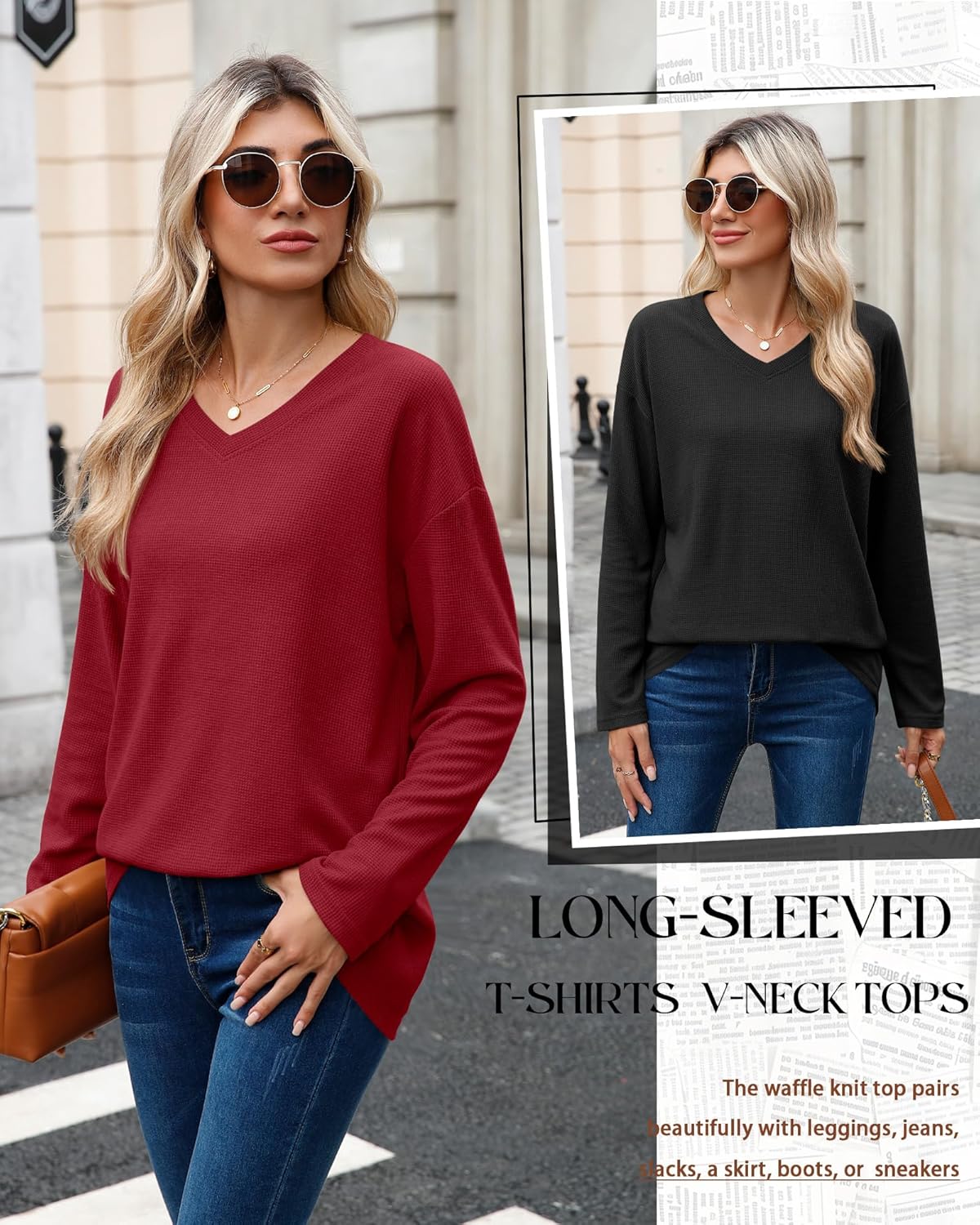 3 Pack Women's Oversized Waffle Knit Shirts, V Neck Long Sleeve Top Fall Casual Sweatshirt for Women - Image 2