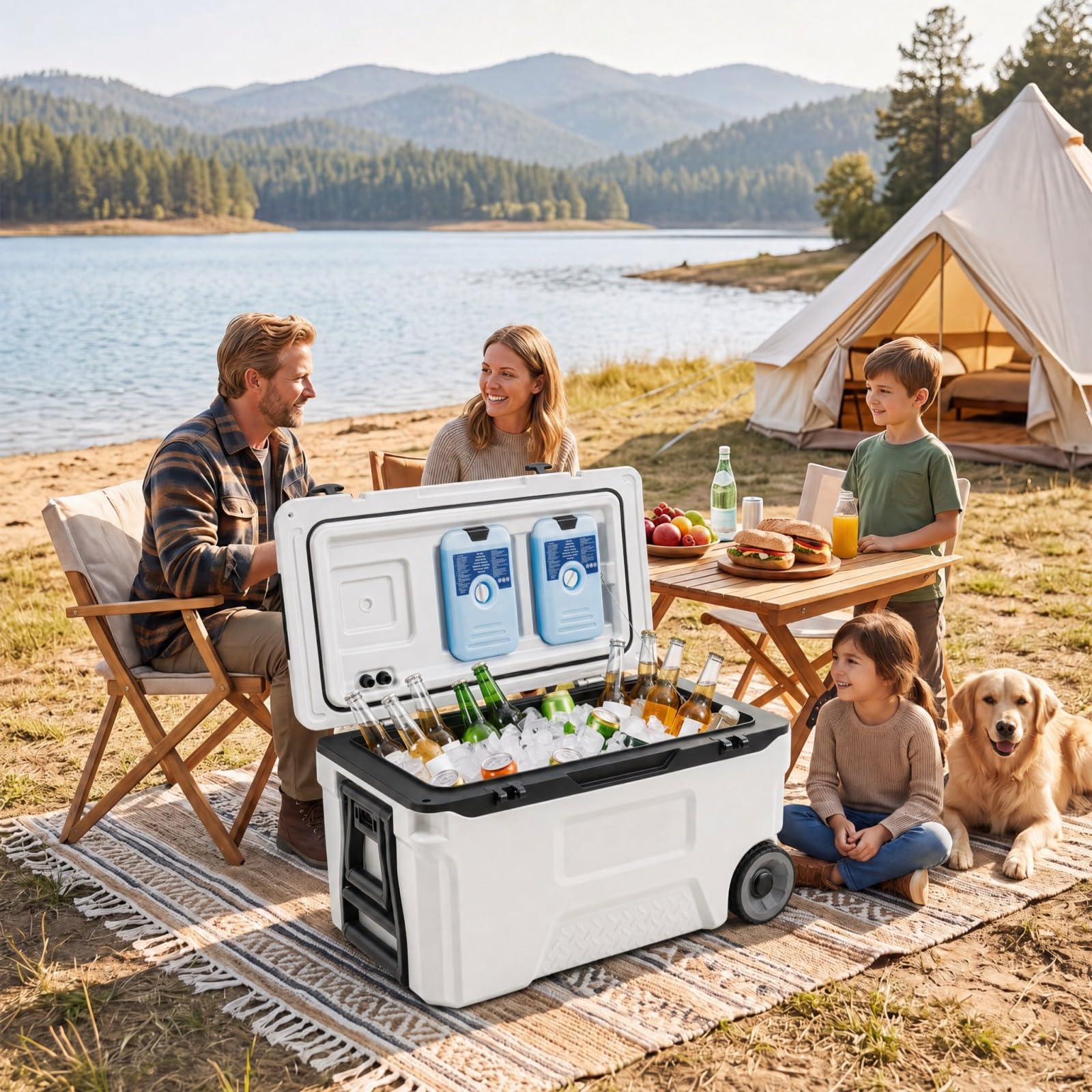 LIFEZEAL 50 L Frigo Termico Portatile 2 in 1 | Contenitore Termico Caldo e Freddo con Coperchio, 2 Sacchetti di Ghiaccio, Maniglie e Ruote per Pesca, Barbecue e Campeggio