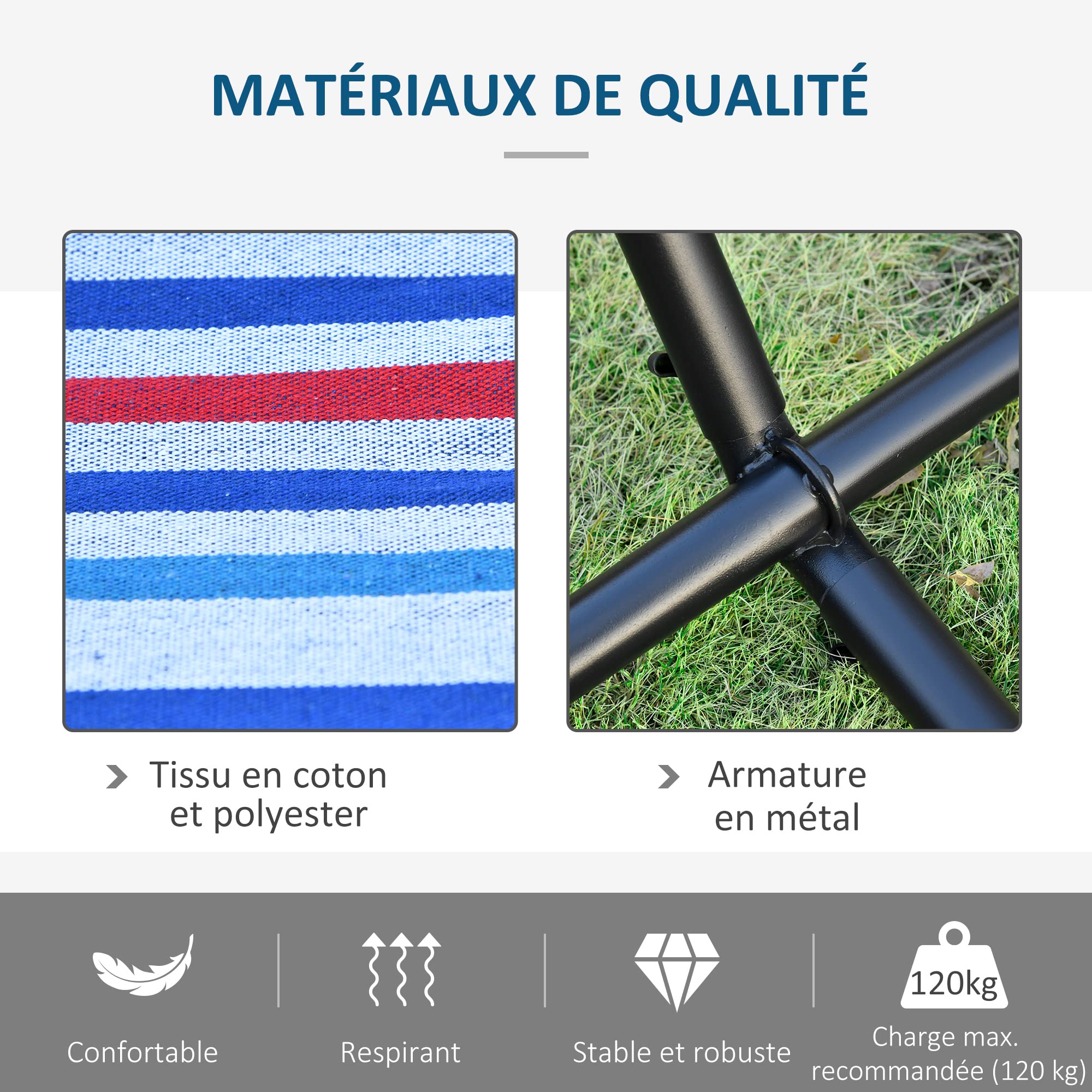 Outsunny Hamac de Jardin avec Support en métal époxy hamac sur Pied 1 Place Charge Max. 120 Kg Sac Transport Bleu Blanc
