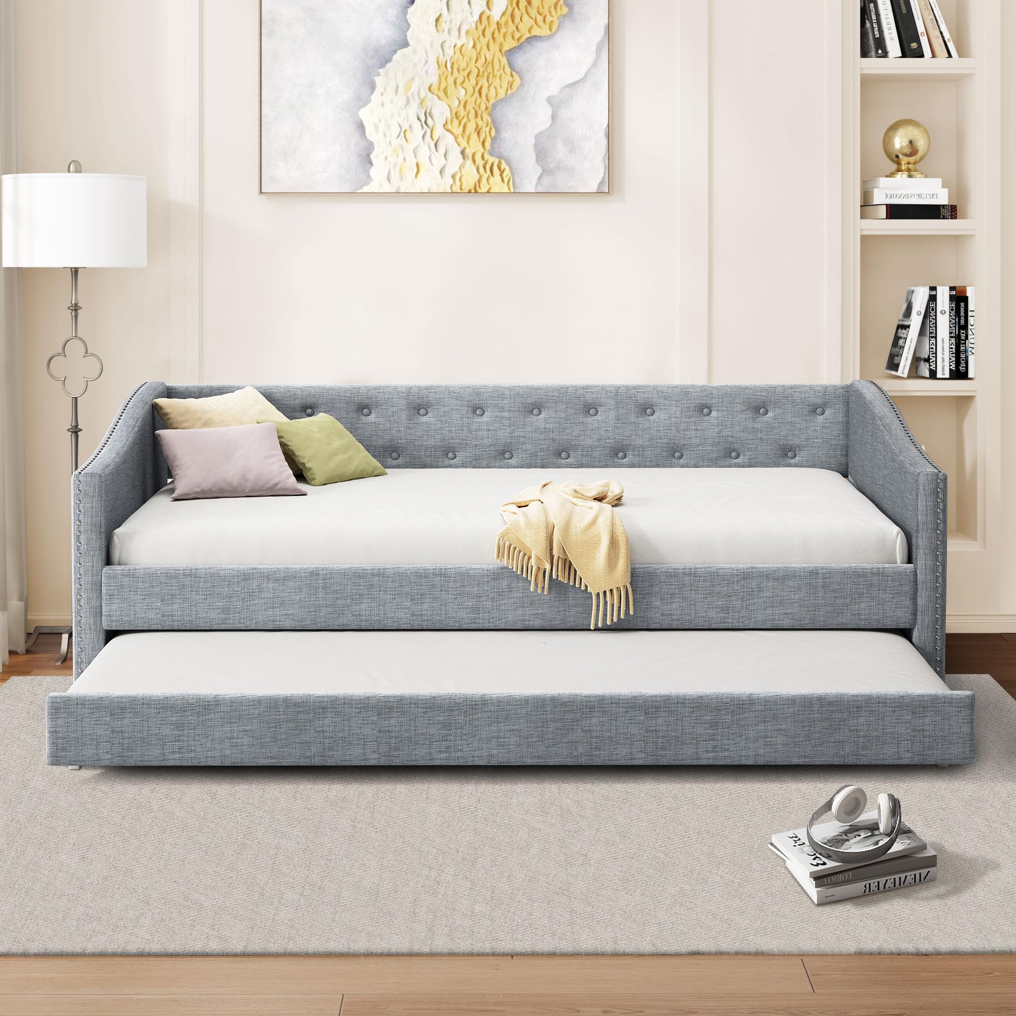 Twin Size Upholstered Daybed with Trundle,Tufted Sofa Bed w/Button on Back and Piping on Waved Shape Arms for Bedroom Guest Room, No Box Spring Needed,Light Grey