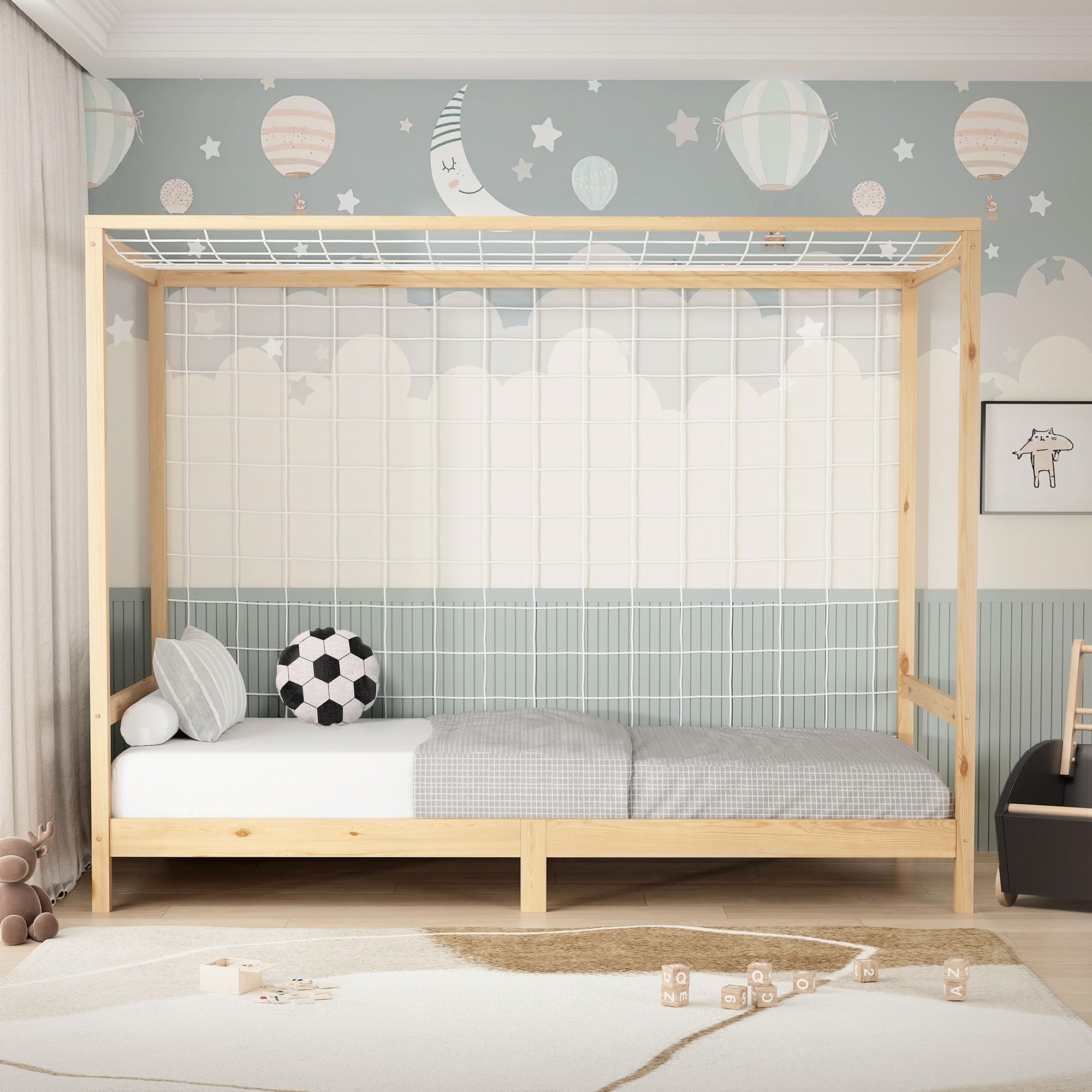 ML-Design Kinderbett Fußballtor 90 x 200 cm, Natur, Einzelbett für Kinder, Holzbett mit Lattenrost und Tornetz, Jugendbett aus Kiefernholz, Bettgestell Holzrahmen Spielbett Fußballbett-Tor Handballtor