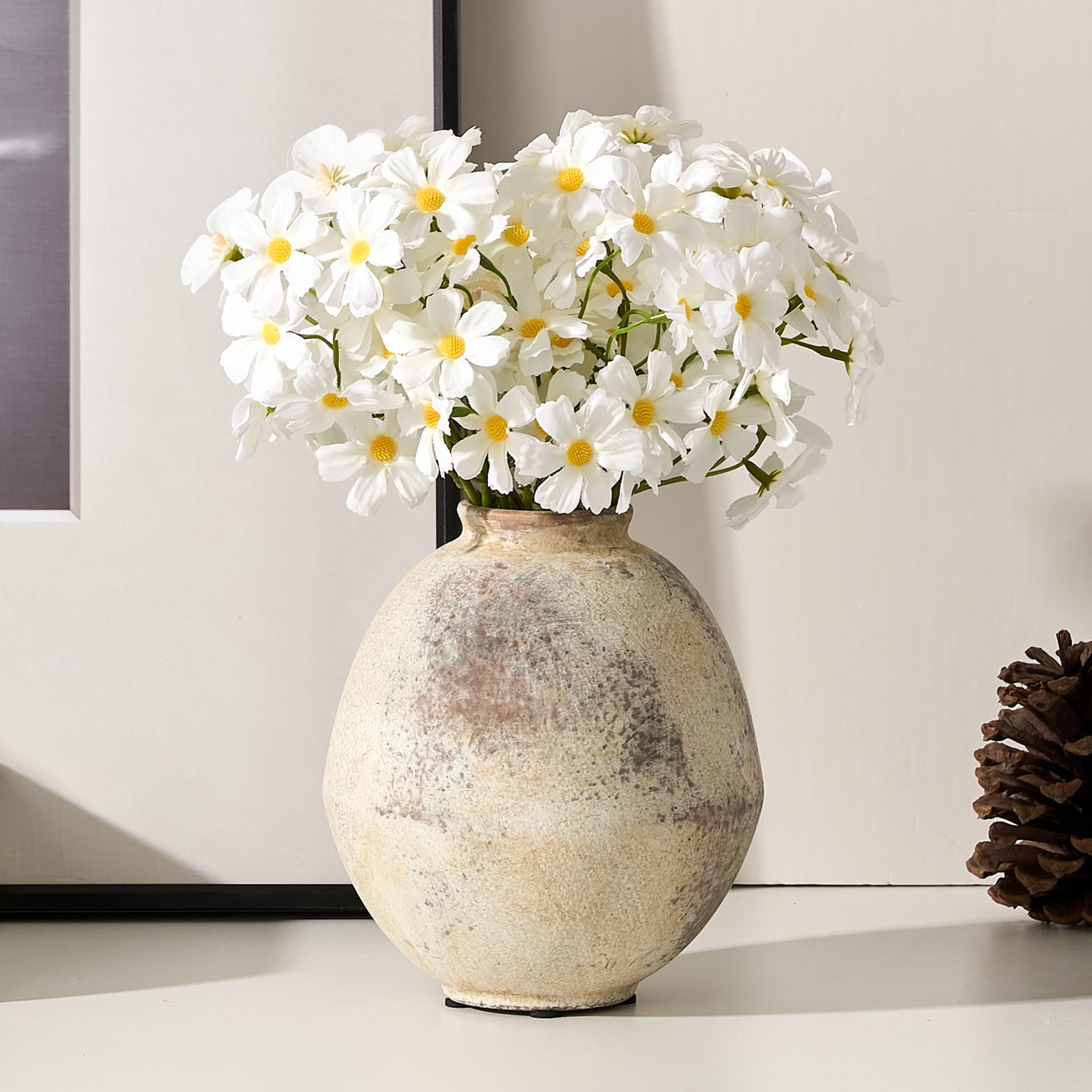 PORCER Ceramic Rustic Flower Vase, 6.22 Inch Cute Boho for Home Decor, Farmhouse Terracotta Vase for Living Room, Table, Shelf, Mantel Decoration, Farmhouse-Natural Brown