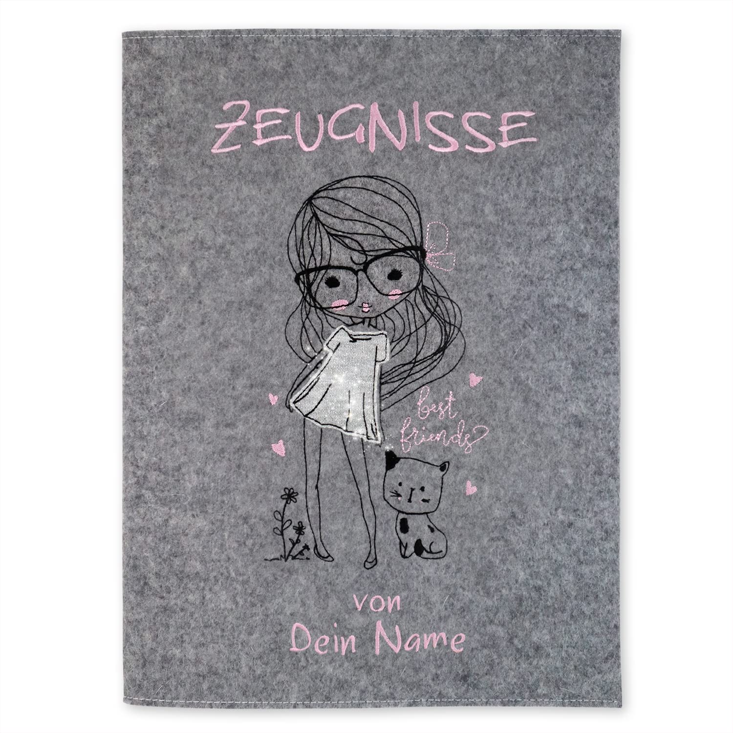 Zeugnismappe Mädchen mit Katze grau/glitzer personalisiert mit Namen 100% Wollfilzumschlag und Sichtbuch DIN A4 mit 20 Hüllen